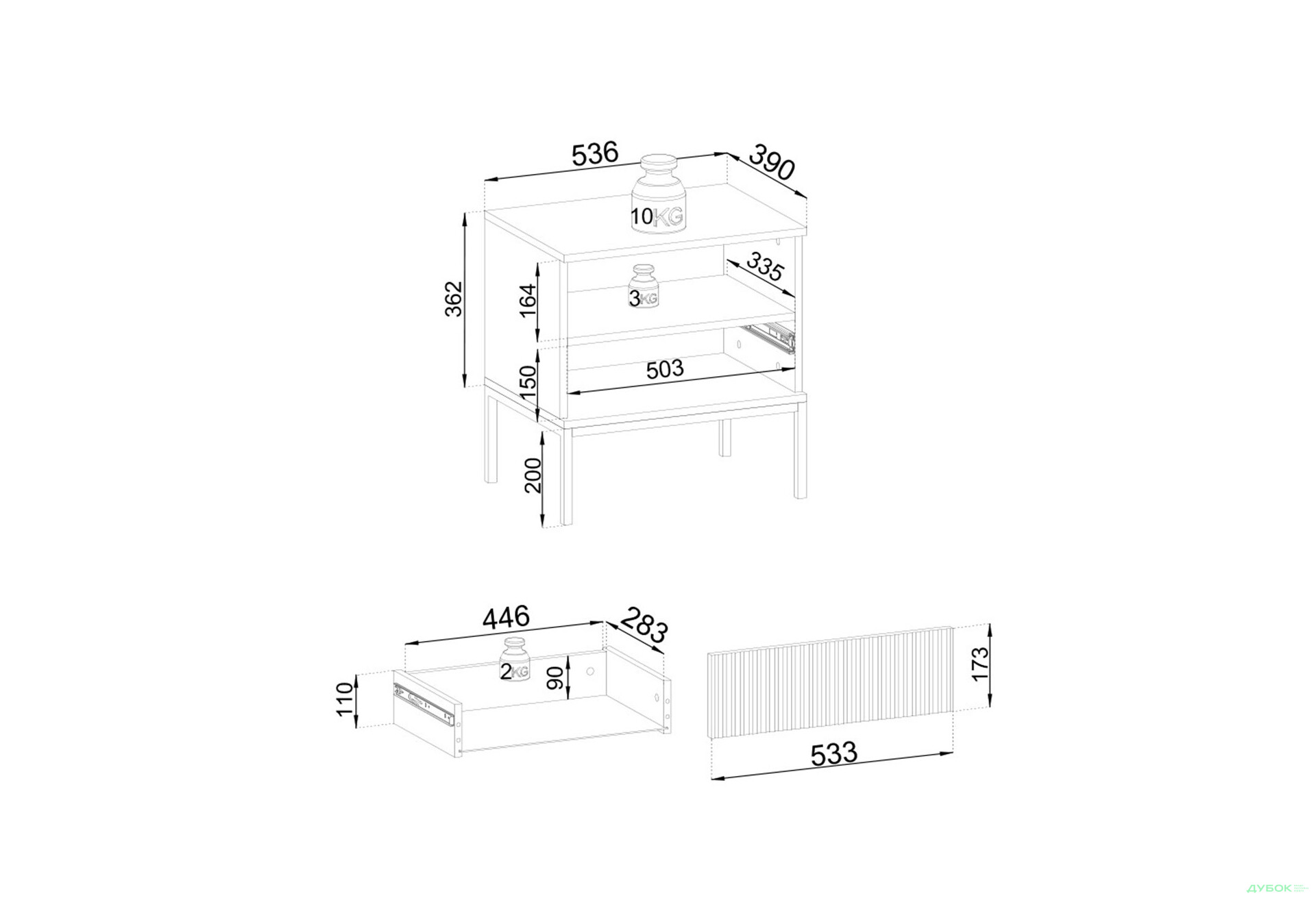 Зображення 7 - Тумба приліжкова з підсвіткою Perfect Home Сенто / Sento S54 з поличкою 53 см, чорний / дуб вотан