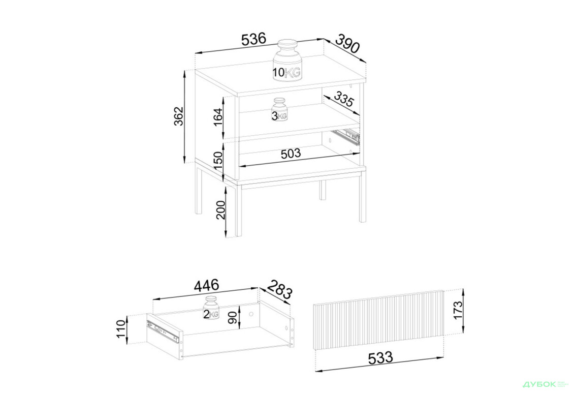 Зображення 7 - Тумба приліжкова з підсвіткою Perfect Home Сенто / Sento S54 з поличкою 53 см, чорний / дуб вотан