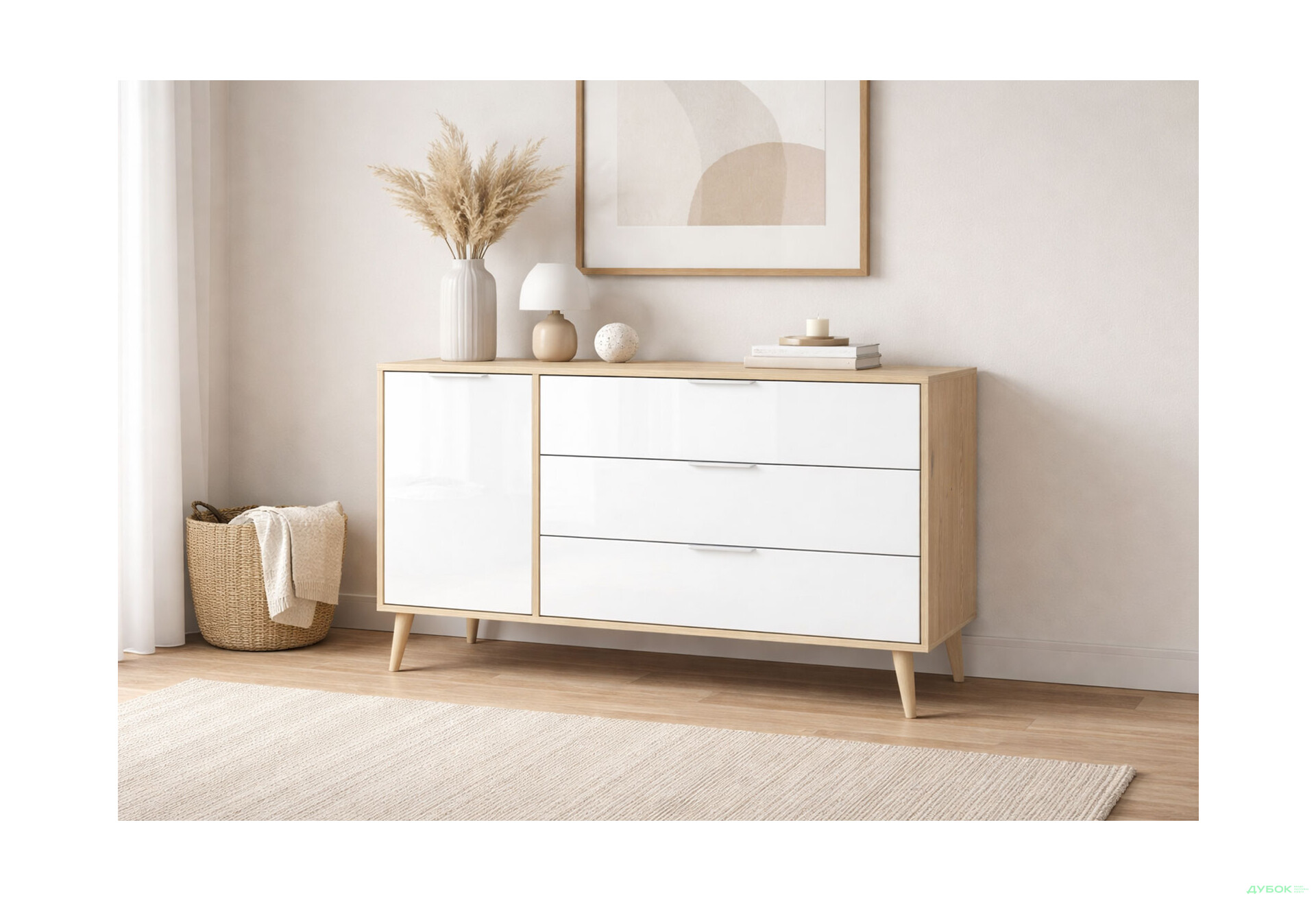 Изображение 2 - Комод МироМарк Оливия 1 дверка и 3 ящика 135 см, глянец белый / дуб кремона