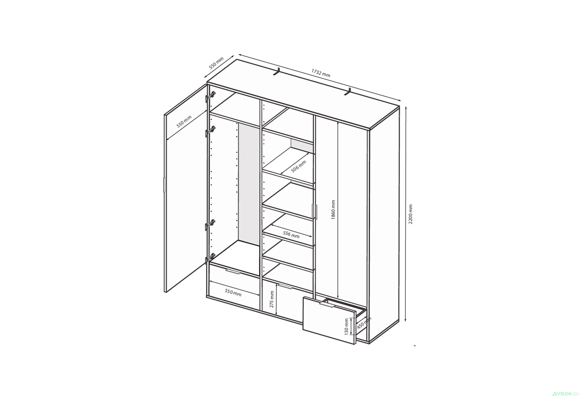 Зображення 9 - Шафа MiroMark Олівія 3-дверна із 3 шухлядами та дзеркалом 173,2 см, глянець білий / дуб кремона