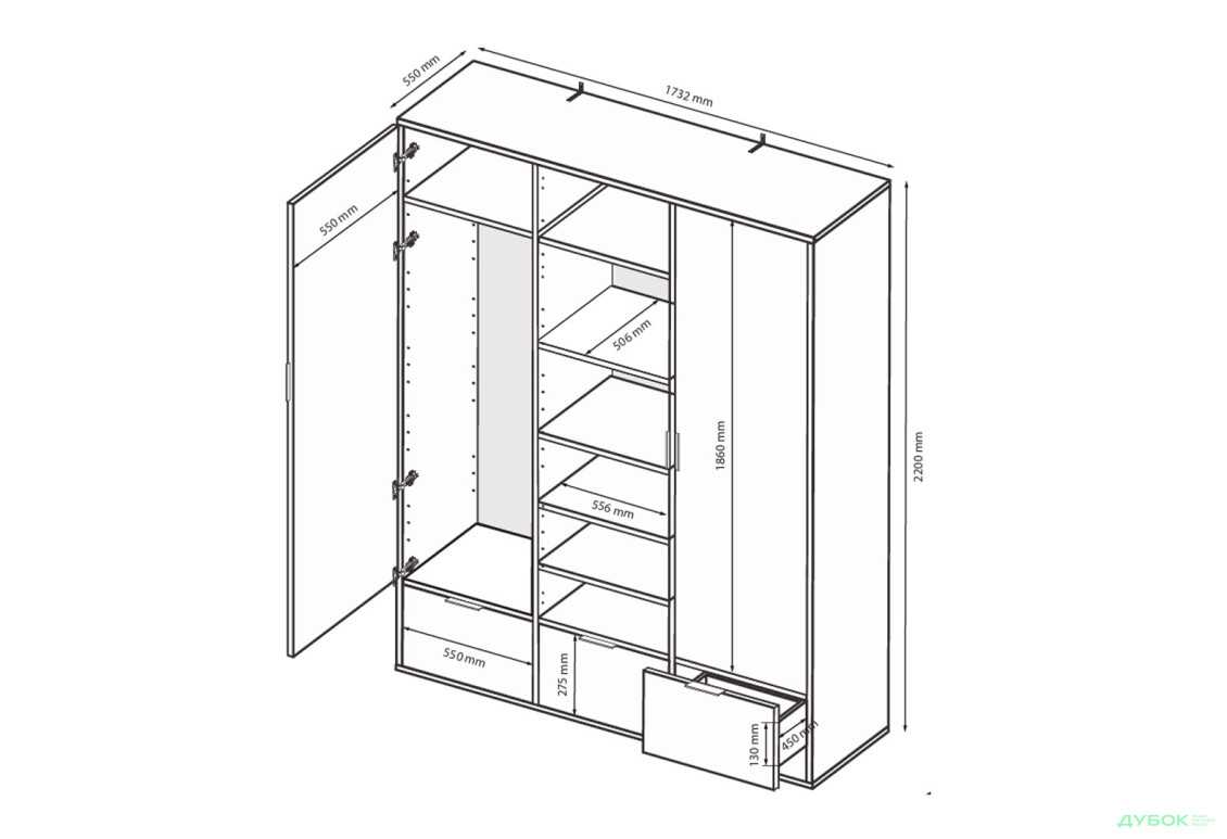 Зображення 9 - Шафа MiroMark Олівія 3-дверна із 3 шухлядами та дзеркалом 173,2 см, глянець білий / дуб кремона
