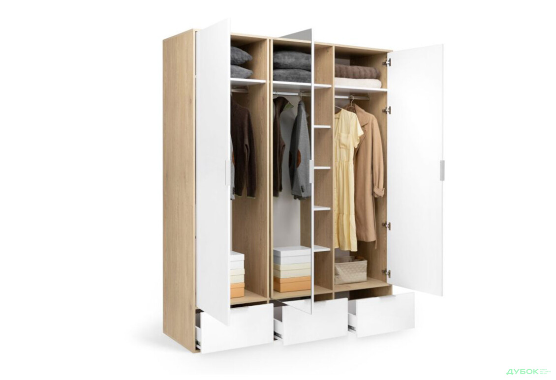 Зображення 4 - Шафа MiroMark Олівія 3-дверна із 3 шухлядами та дзеркалом 173,2 см, глянець білий / дуб кремона