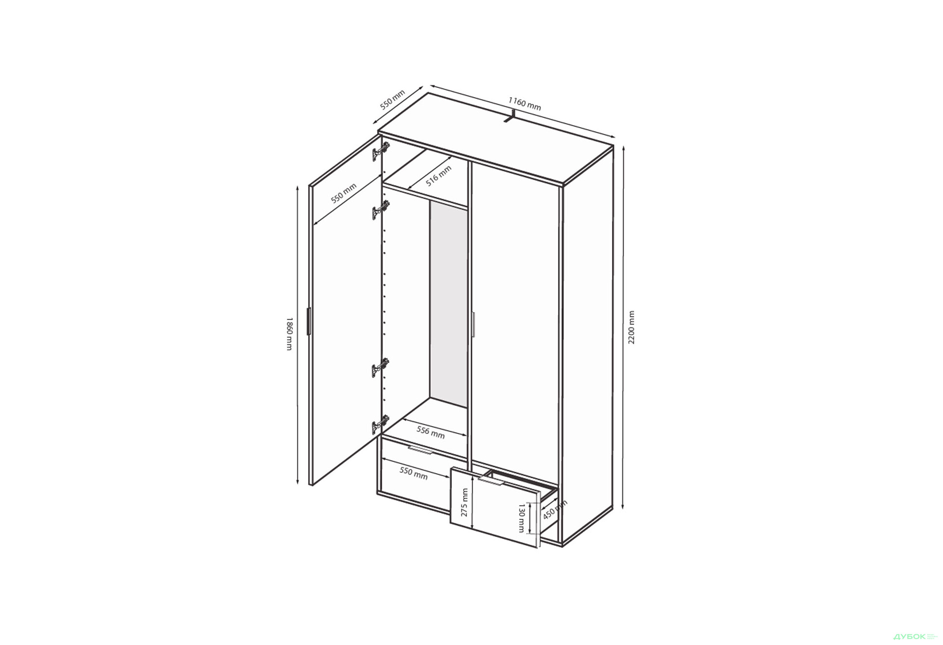 Зображення 10 - Шафа MiroMark Олівія 2-дверна із 2 шухлядами 116 см, глянець білий / дуб кремона