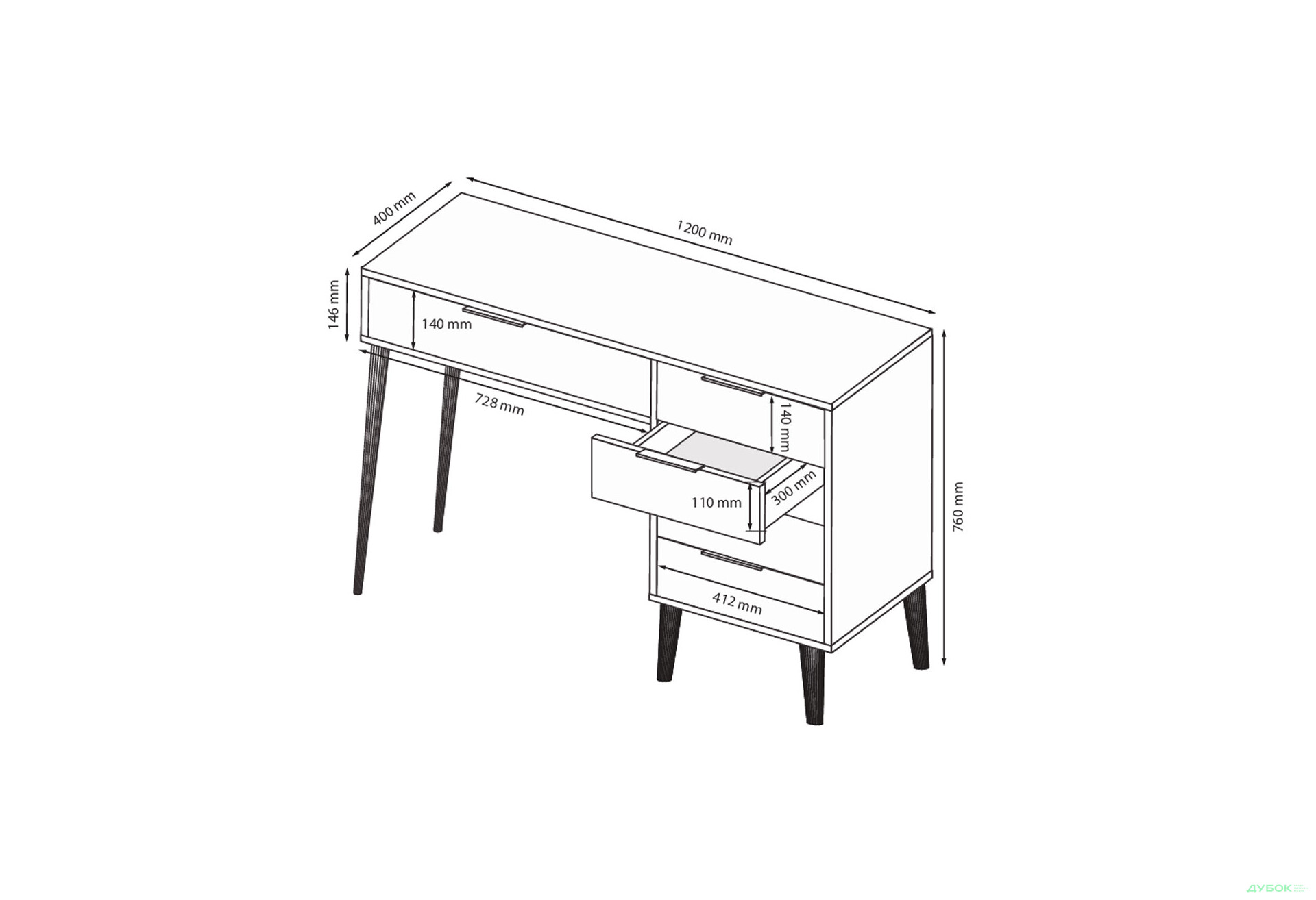 Зображення 8 - Туалетний столик MiroMark Олівія з 5 шухлядами 120 см, глянець білий / дуб кремона