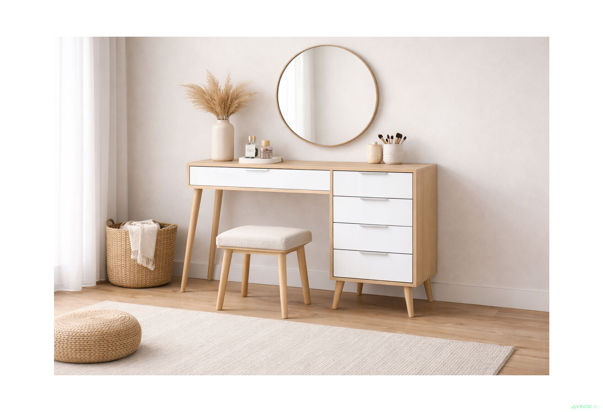 Зображення 2 - Туалетний столик MiroMark Олівія з 5 шухлядами 120 см, глянець білий / дуб кремона