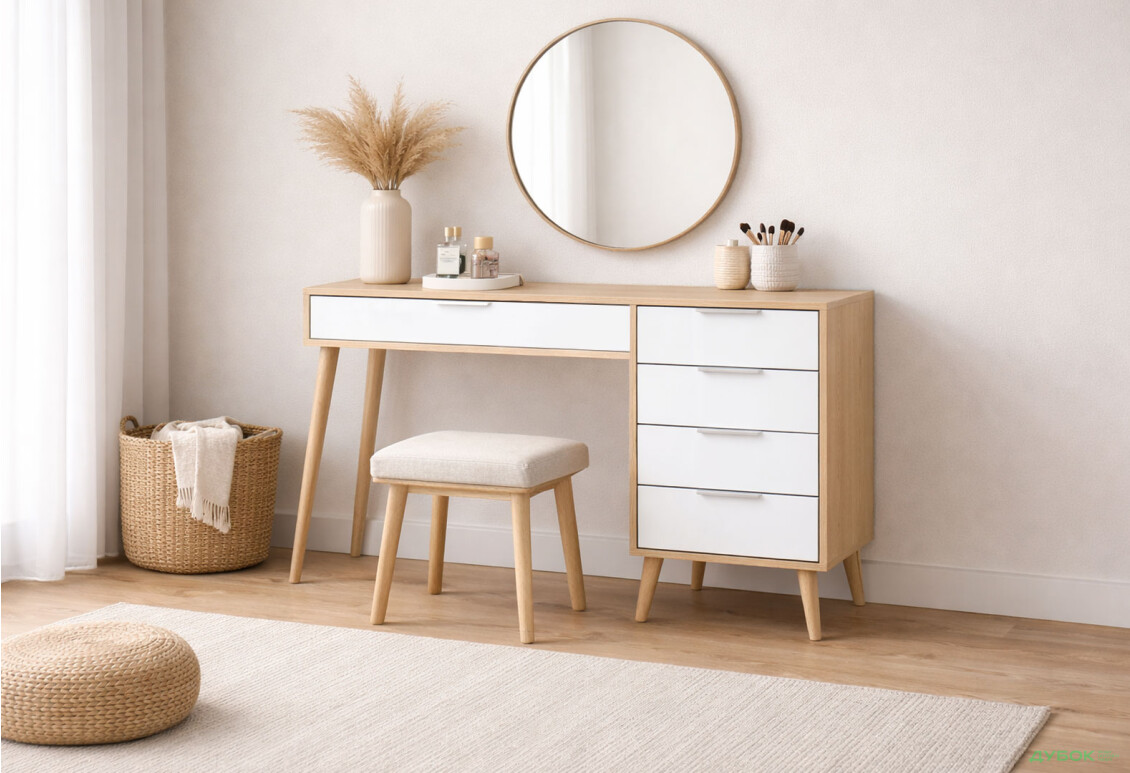 Зображення 2 - Туалетний столик MiroMark Олівія з 5 шухлядами 120 см, глянець білий / дуб кремона