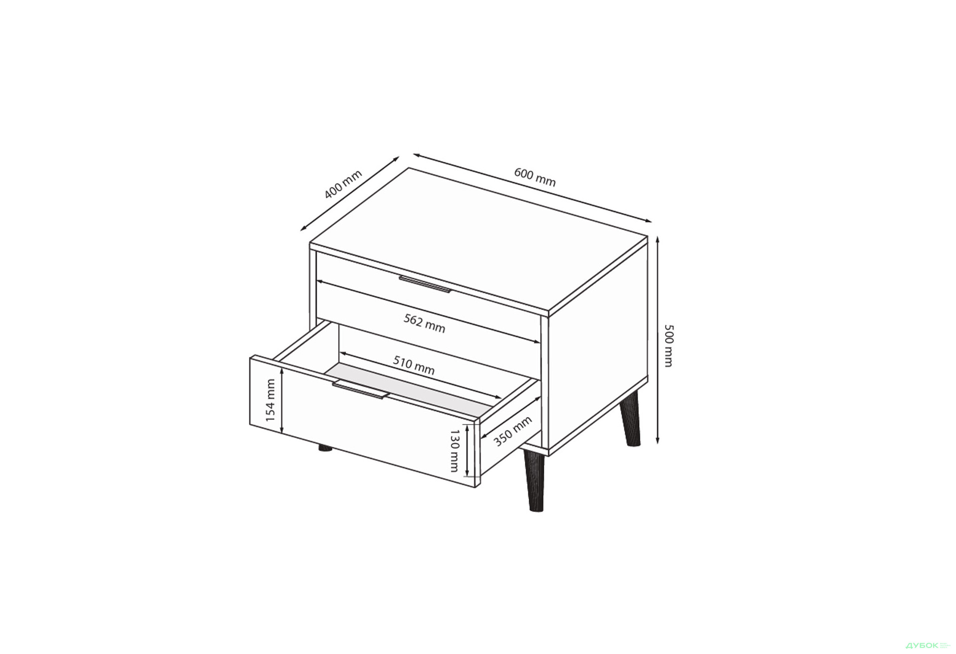 Зображення 7 - Приліжкова тумба MiroMark Олівія з 2 шухлядами 60 см, глянець білий / дуб кремона