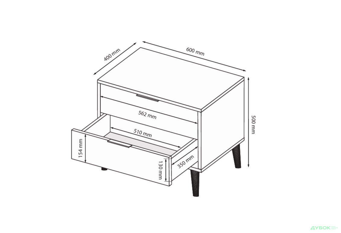 Зображення 7 - Приліжкова тумба MiroMark Олівія з 2 шухлядами 60 см, глянець білий / дуб кремона