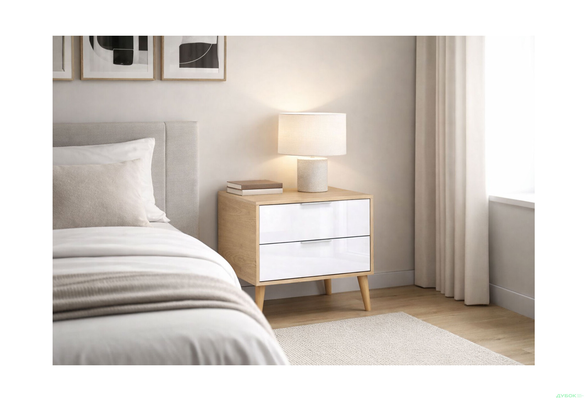 Зображення 2 - Приліжкова тумба MiroMark Олівія з 2 шухлядами 60 см, глянець білий / дуб кремона