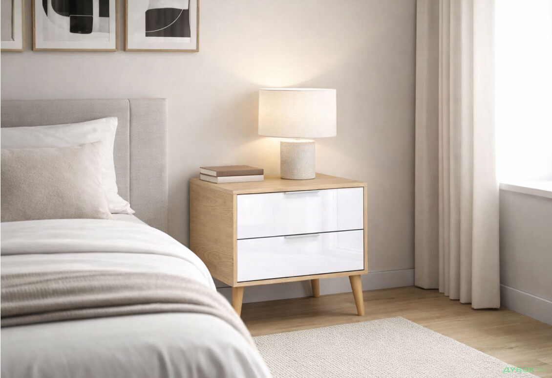 Зображення 2 - Приліжкова тумба MiroMark Олівія з 2 шухлядами 60 см, глянець білий / дуб кремона