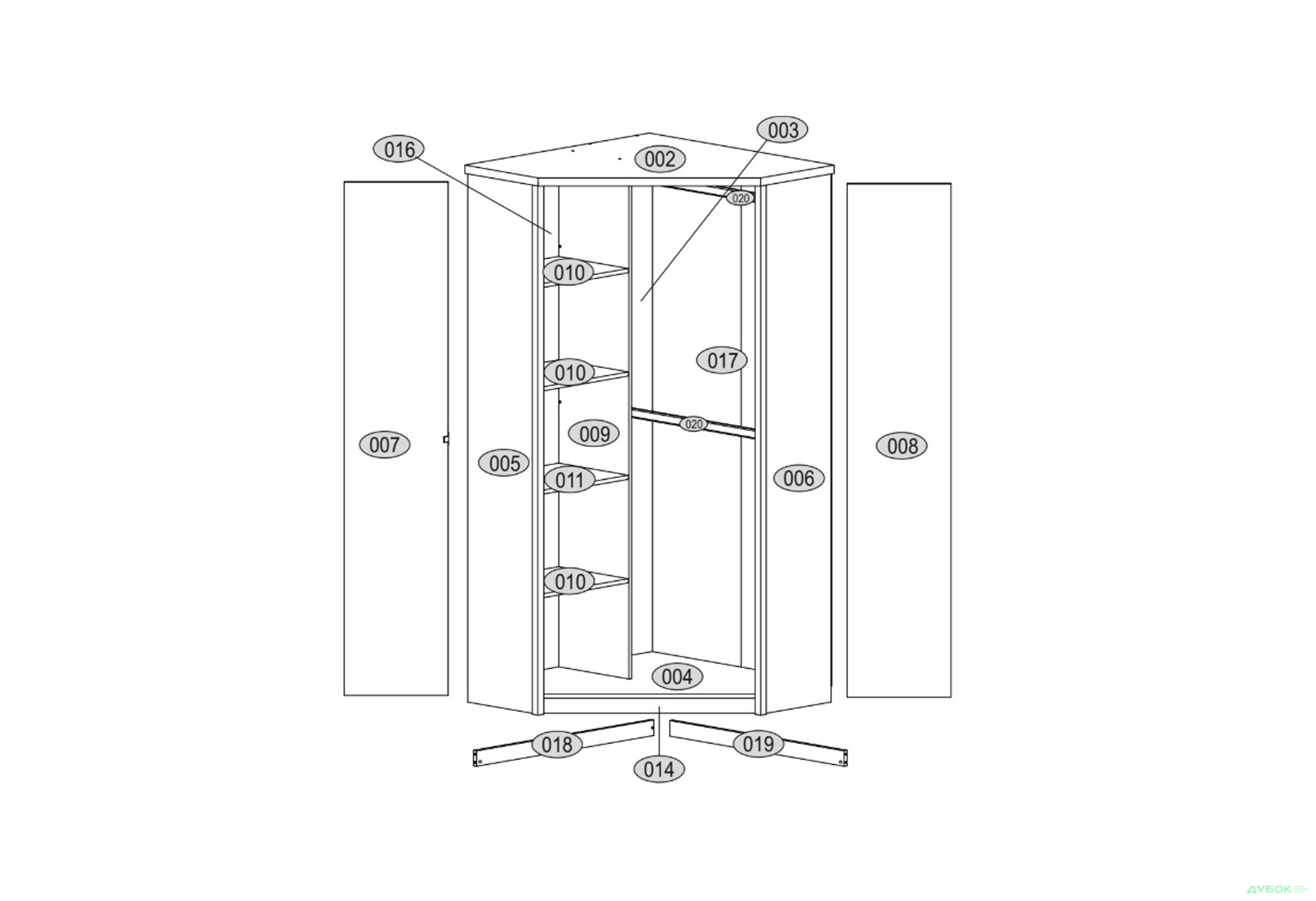 Изображение 4 - Шкаф угловой ВМВ Холдинг Нортон 2-дверный с 2 штангами и полками 110х110 см Дуб сонома