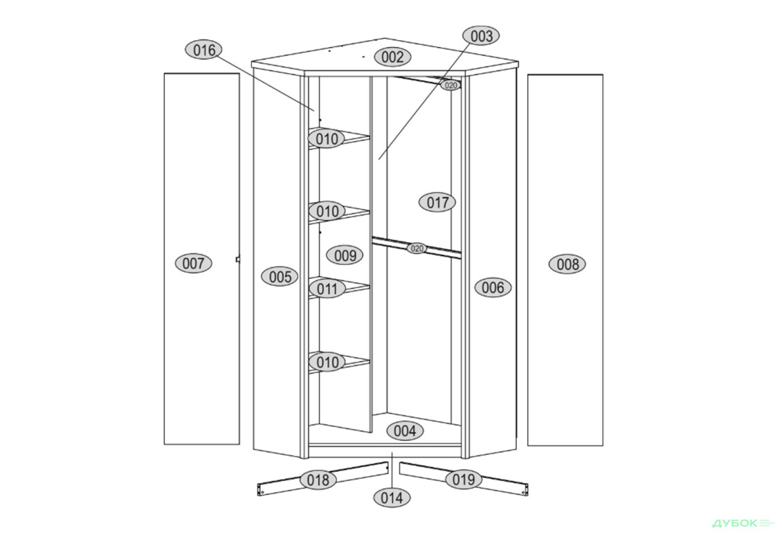 Изображение 4 - Шкаф угловой ВМВ Холдинг Нортон 2-дверный с 2 штангами и полками 110х110 см Дуб сонома