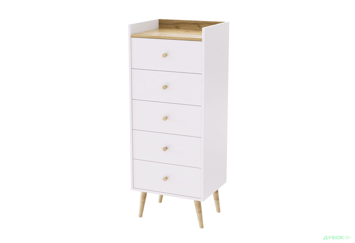 Комод 5 Art In Head Асгард / Asgard с 5 ящиками 82 см, белый бриллиант / дуб крафт золотой