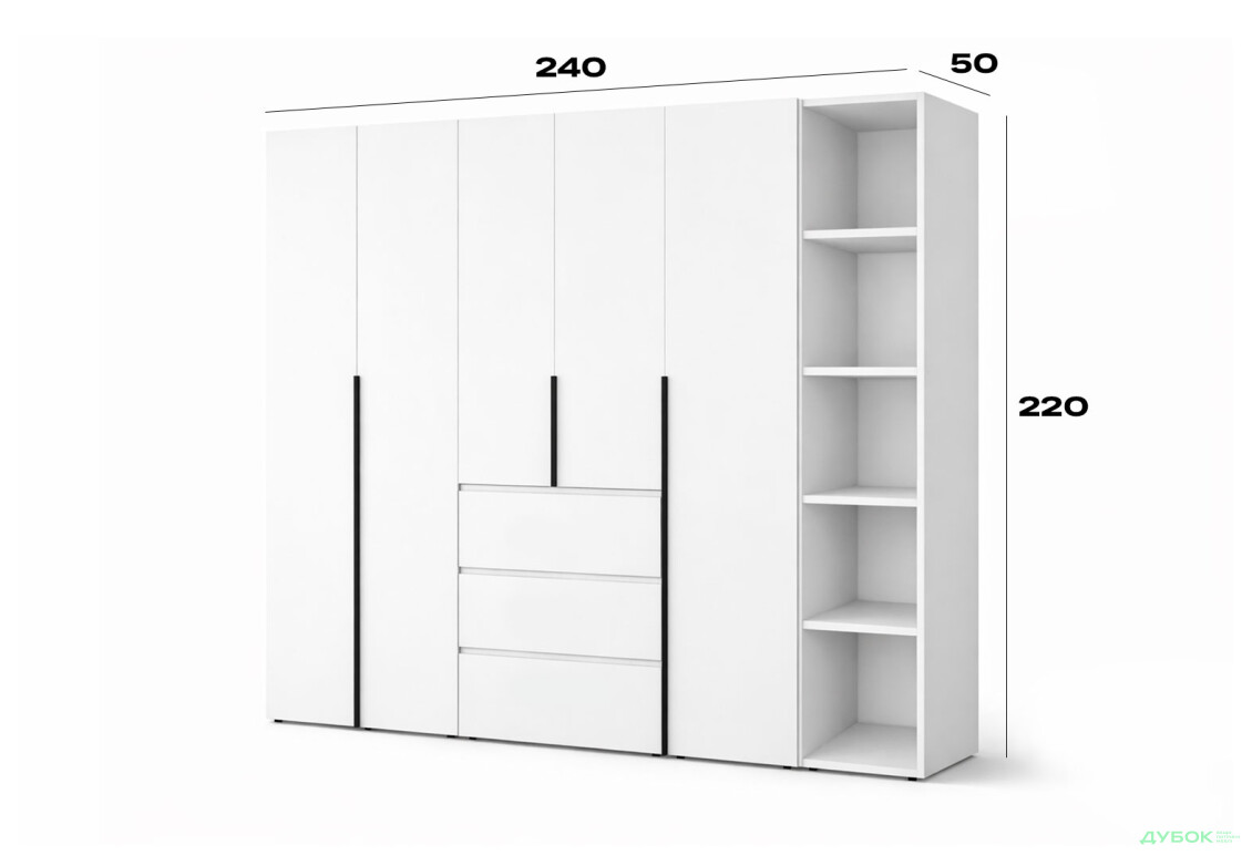 Зображення 6 - Шафа Art In Head Light / Лайт 5-дверна з 3-ма шухлядами і стелажем 240 см, білий діамант