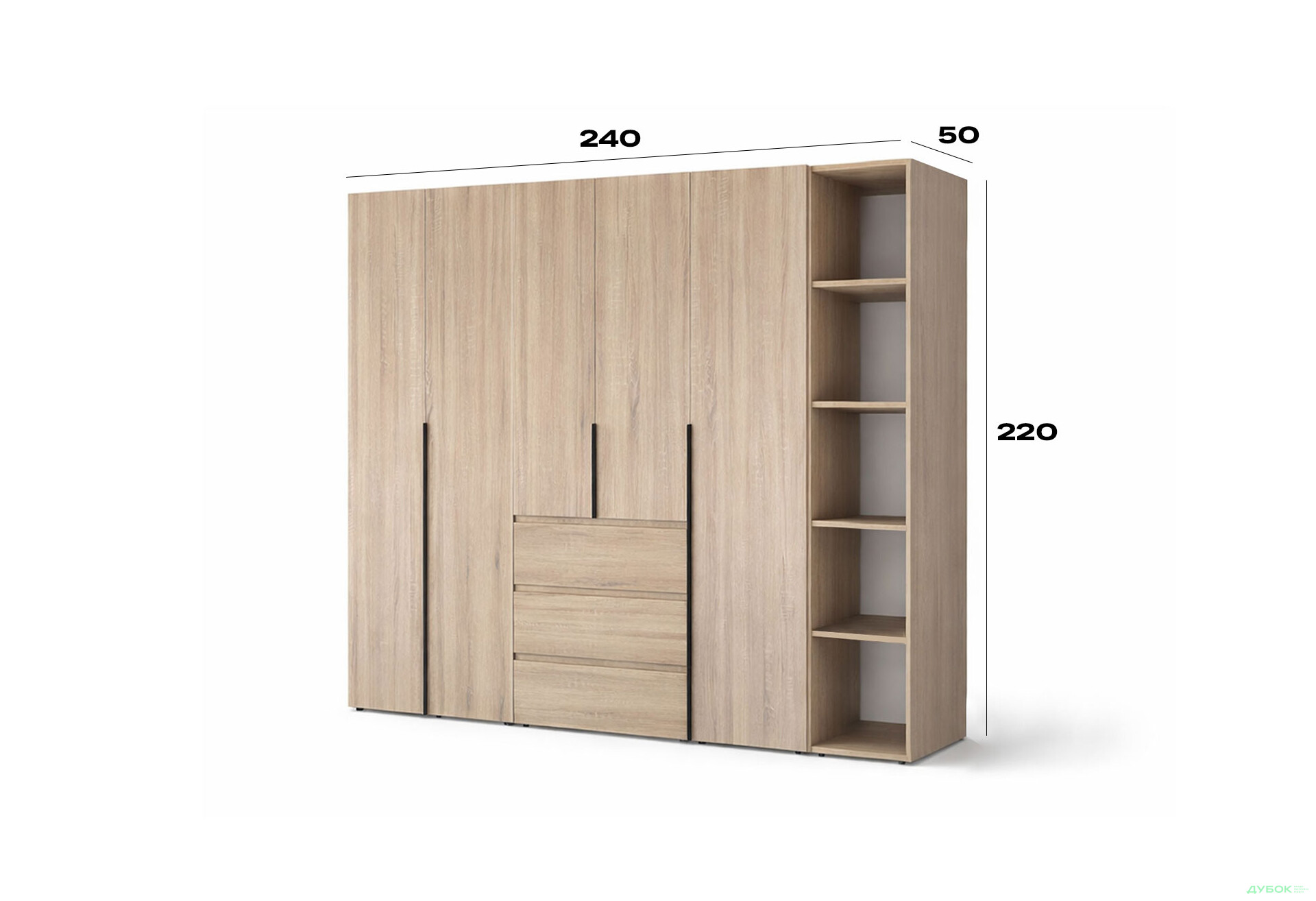 Зображення 6 - Шафа Art In Head Light / Лайт 5-дверна з 3-ма шухлядами і стелажем 240 см, дуб сонома