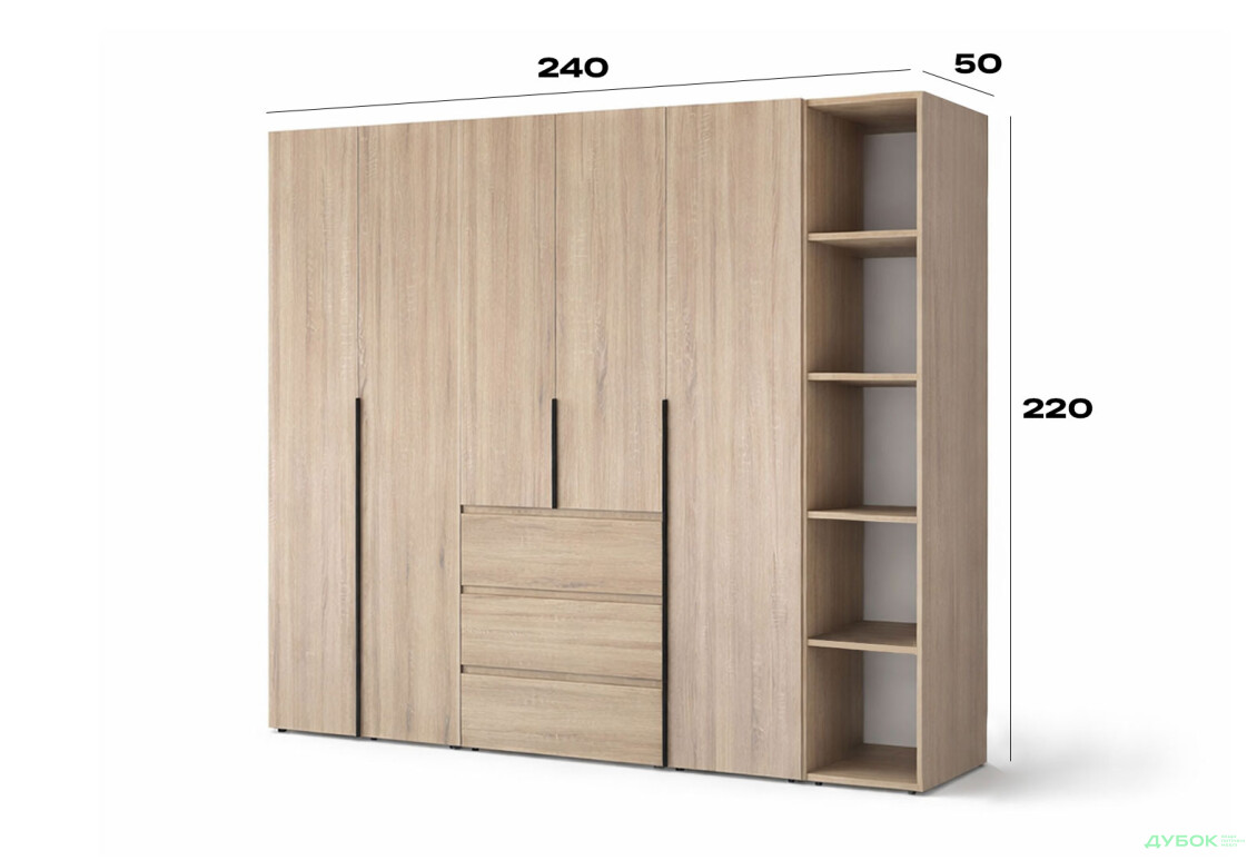 Зображення 6 - Шафа Art In Head Light / Лайт 5-дверна з 3-ма шухлядами і стелажем 240 см, дуб сонома