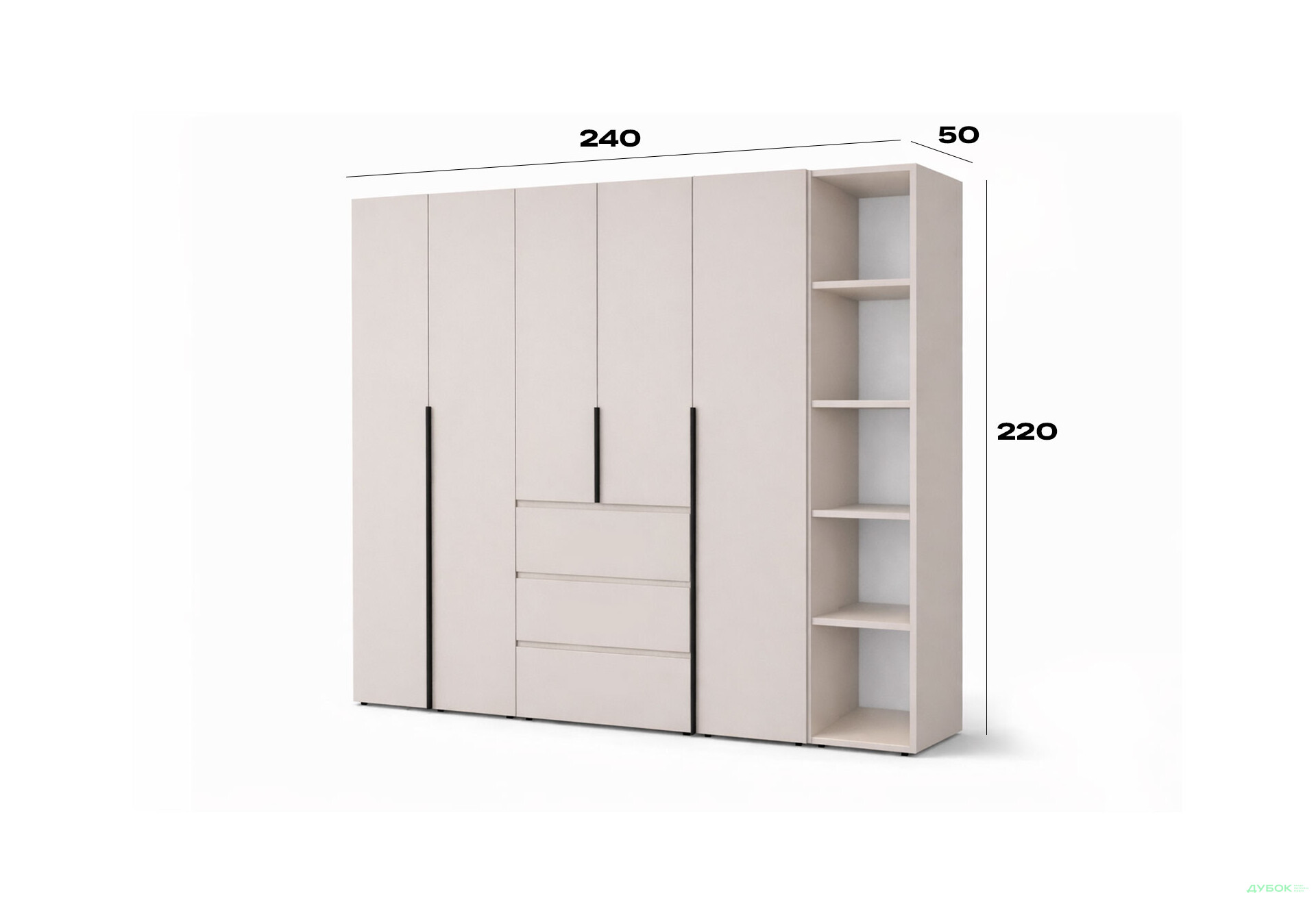 Зображення 6 - Шафа Art In Head Light / Лайт 5-дверна з 3-ма шухлядами і стелажем 240 см, кашемір