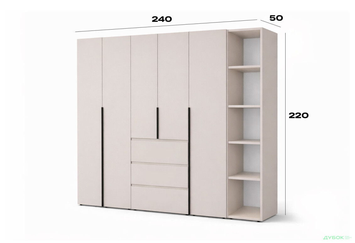 Зображення 6 - Шафа Art In Head Light / Лайт 5-дверна з 3-ма шухлядами і стелажем 240 см, кашемір