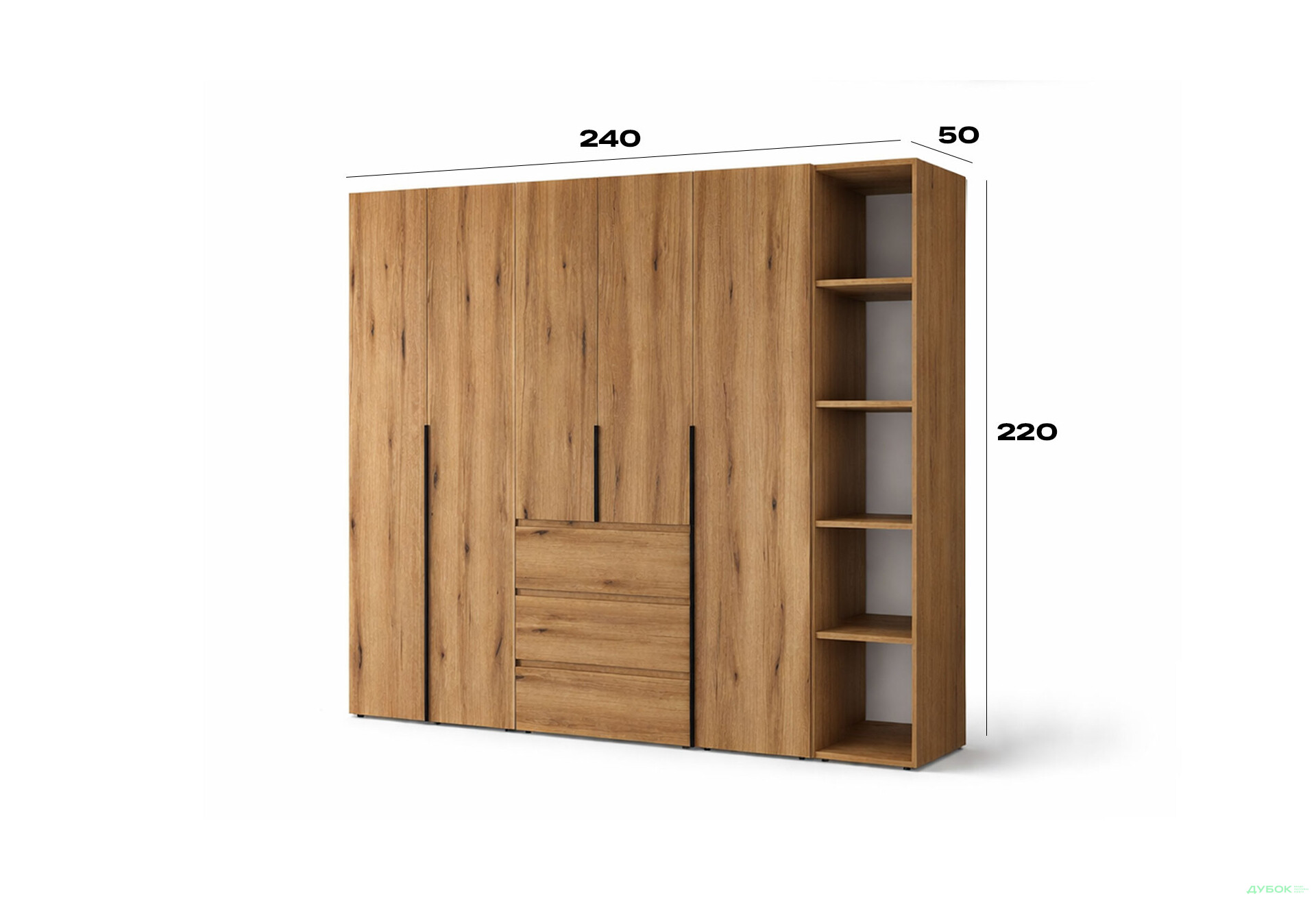 Зображення 6 - Шафа Art In Head Light / Лайт 5-дверна з 3-ма шухлядами і стелажем 240 см, дуб евок