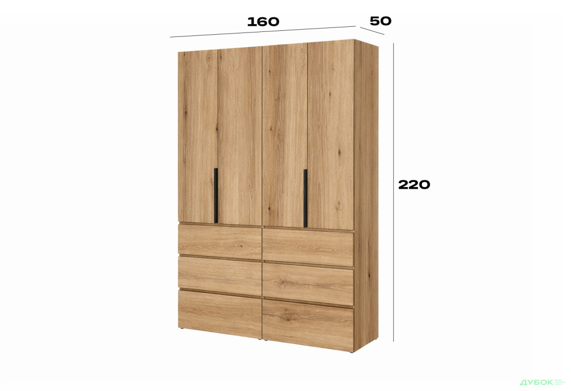 Зображення 6 - Шафа Art In Head Light / Лайт 4-дверна з 6 шухлядами 160 см, дуб евок