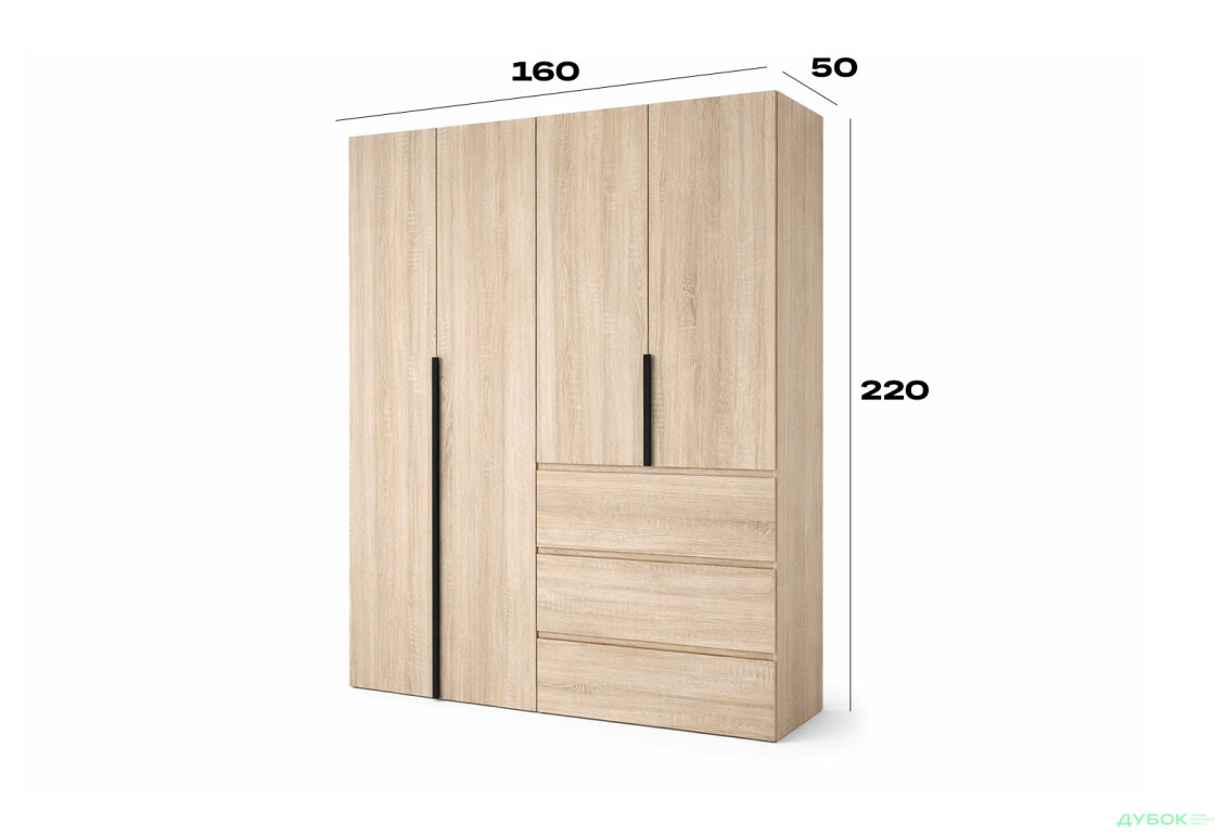 Зображення 6 - Шафа Art In Head Light / Лайт 4-дверна з 3 шухлядами 160 см, дуб сонома