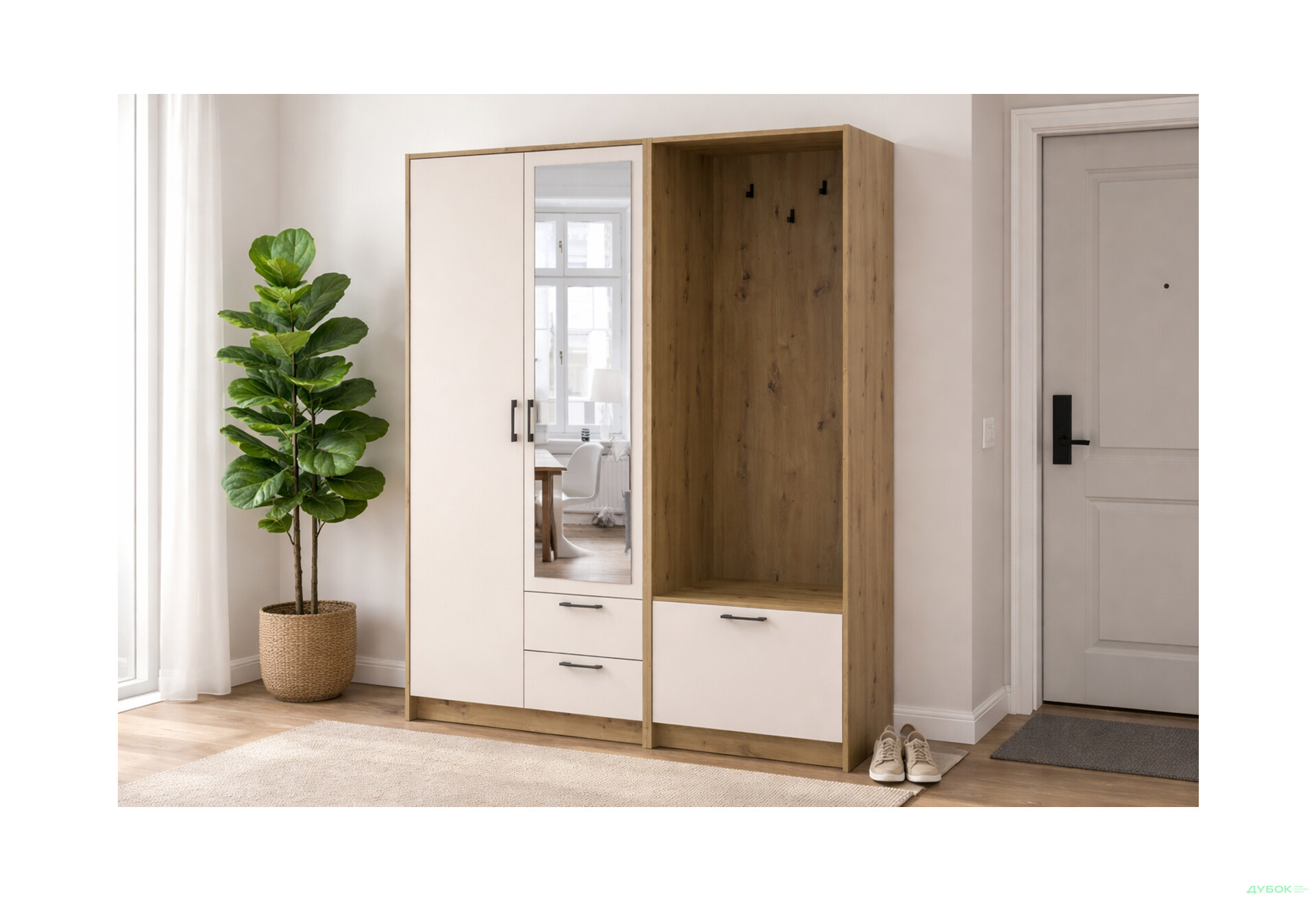 Изображение 2 - Шкаф для одежды 2 ДСП Doros Ронди с вешалкой и зеркалом 142 см Дуб Артизан / Кашемир
