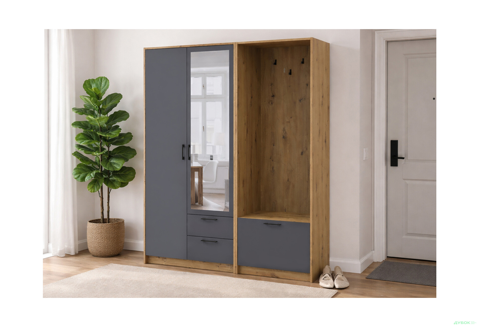 Изображение 2 - Шкаф для одежды 2 ДСП Doros Ронди с вешалкой и зеркалом 142 см Дуб Артизан / Графит
