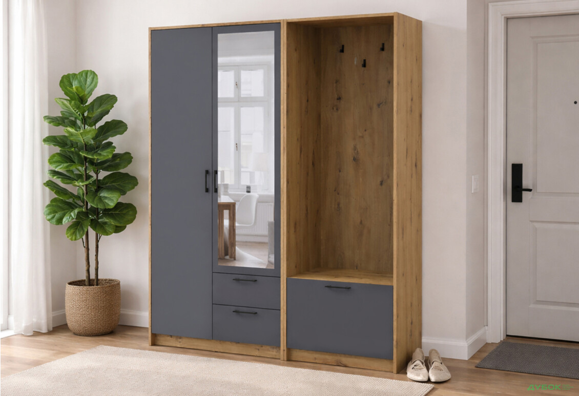 Изображение 2 - Шкаф для одежды 2 ДСП Doros Ронди с вешалкой и зеркалом 142 см Дуб Артизан / Графит