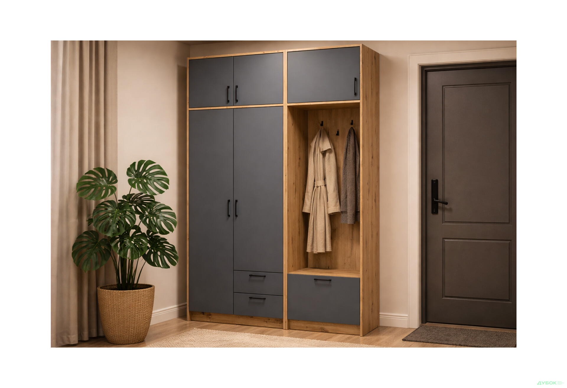 Изображение 2 - Шкаф для одежды 2 ДСП Doros Ронди с вешалкой и антресолью 142 см Дуб Артизан / Графит
