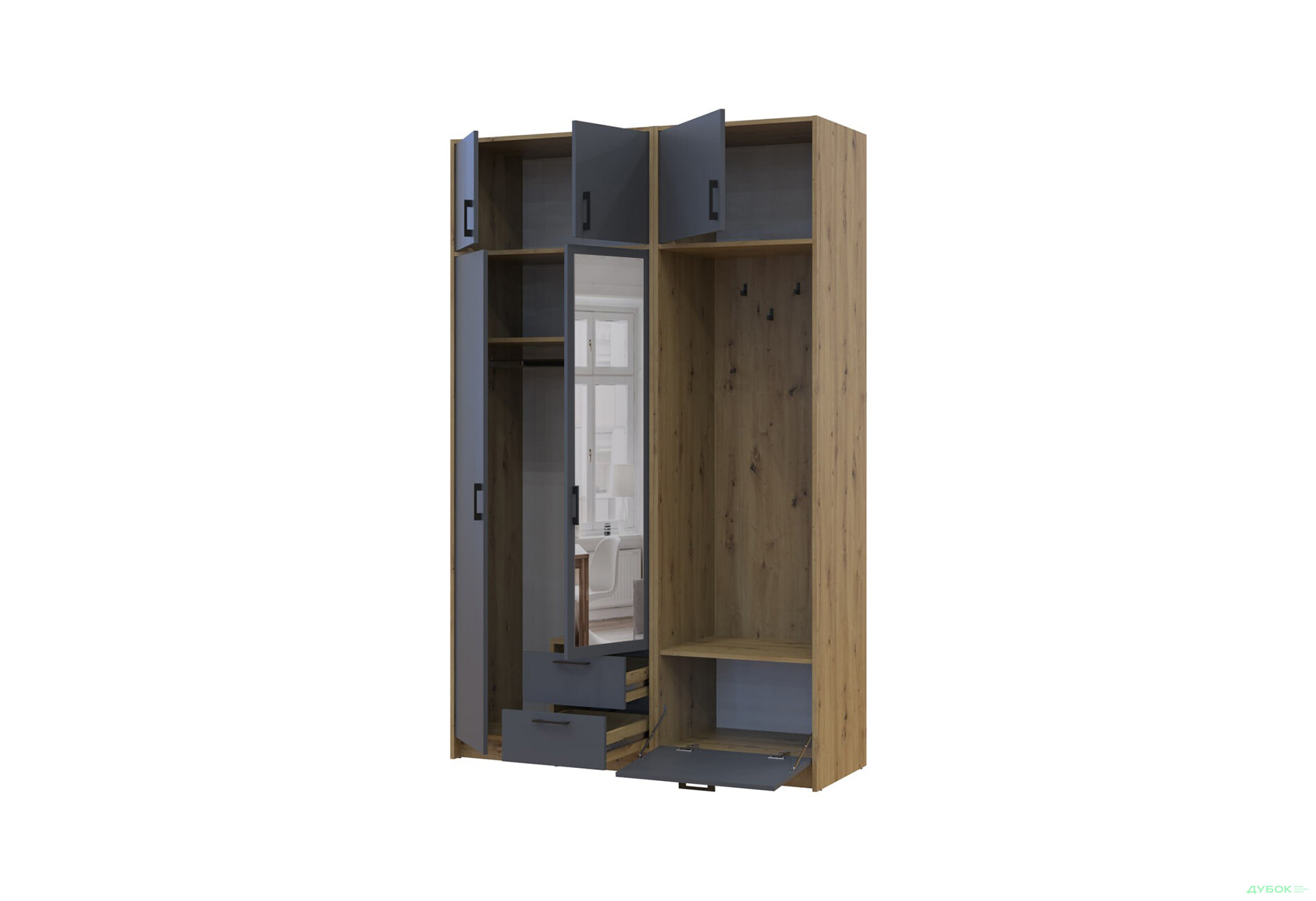 Изображение 3 - Шкаф для одежды 2 ДСП Doros Ронди с вешалкой, зеркалом и антресолью 142 см Дуб Артизан / Графит