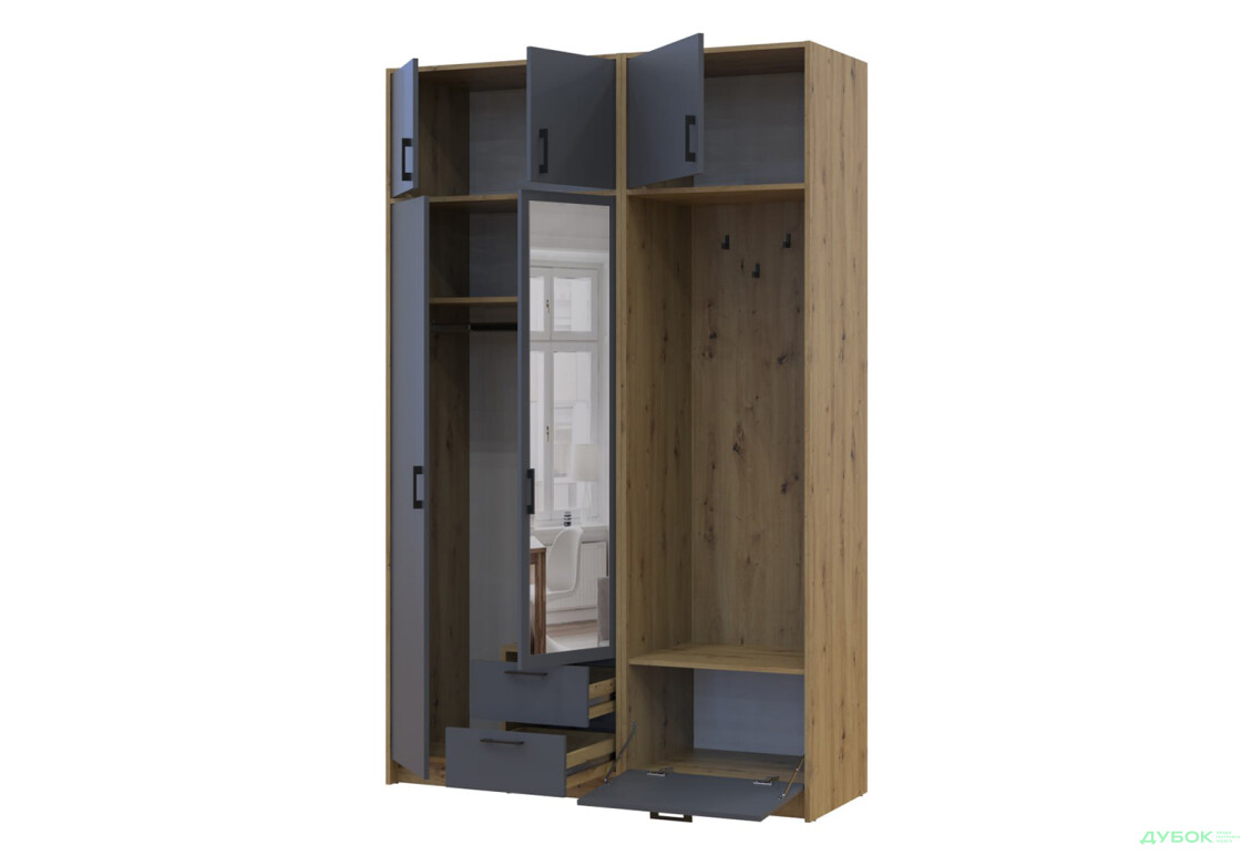 Изображение 3 - Шкаф для одежды 2 ДСП Doros Ронди с вешалкой, зеркалом и антресолью 142 см Дуб Артизан / Графит