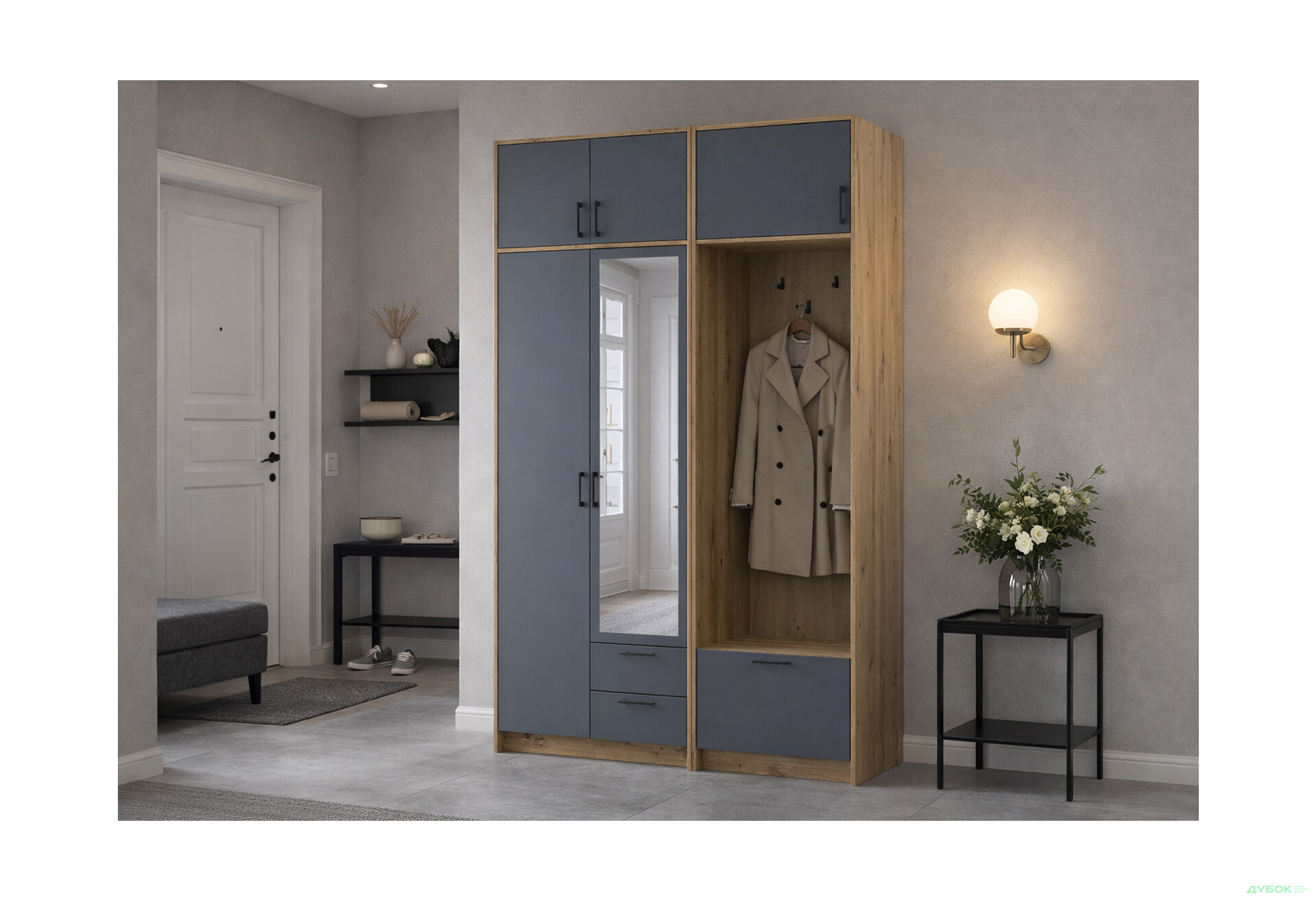 Изображение 2 - Шкаф для одежды 2 ДСП Doros Ронди с вешалкой, зеркалом и антресолью 142 см Дуб Артизан / Графит
