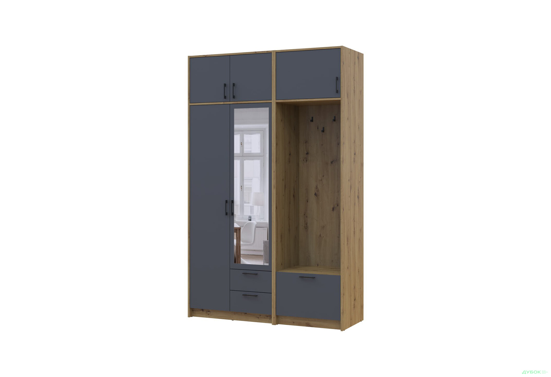 Изображение 1 - Шкаф для одежды 2 ДСП Doros Ронди с вешалкой, зеркалом и антресолью 142 см Дуб Артизан / Графит