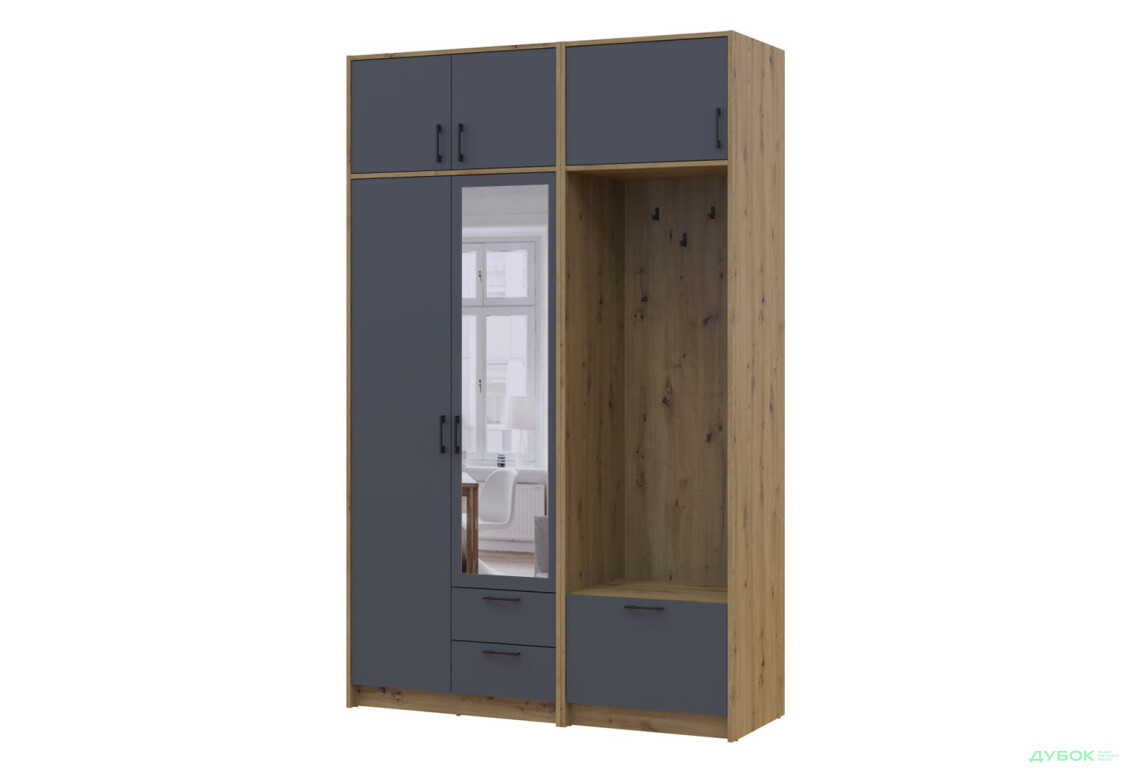 Шкаф для одежды 2 ДСП Doros Ронди с вешалкой, зеркалом и антресолью 142 см Дуб Артизан / Графит