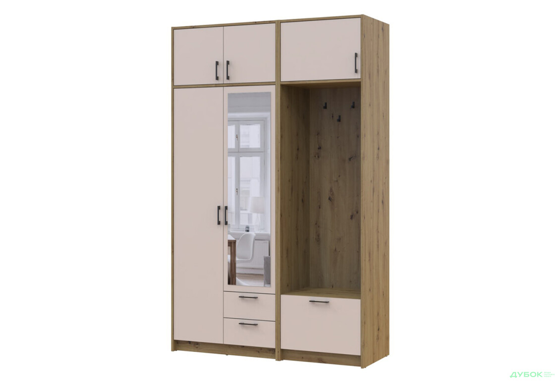 Шкаф для одежды 2 ДСП Doros Ронди с вешалкой, зеркалом и антресолью 142 см Дуб Артизан / Кашемир