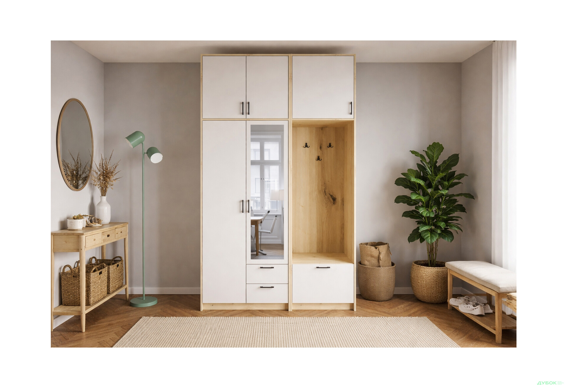 Изображение 2 - Шкаф для одежды 2 ДСП Doros Ронди с вешалкой, зеркалом и высокой антресолью 142 см Дуб Артизан / Кашемир