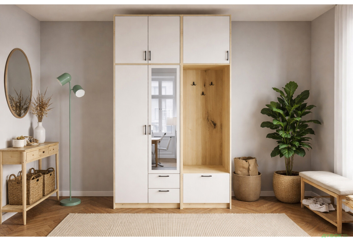 Изображение 2 - Шкаф для одежды 2 ДСП Doros Ронди с вешалкой, зеркалом и высокой антресолью 142 см Дуб Артизан / Кашемир