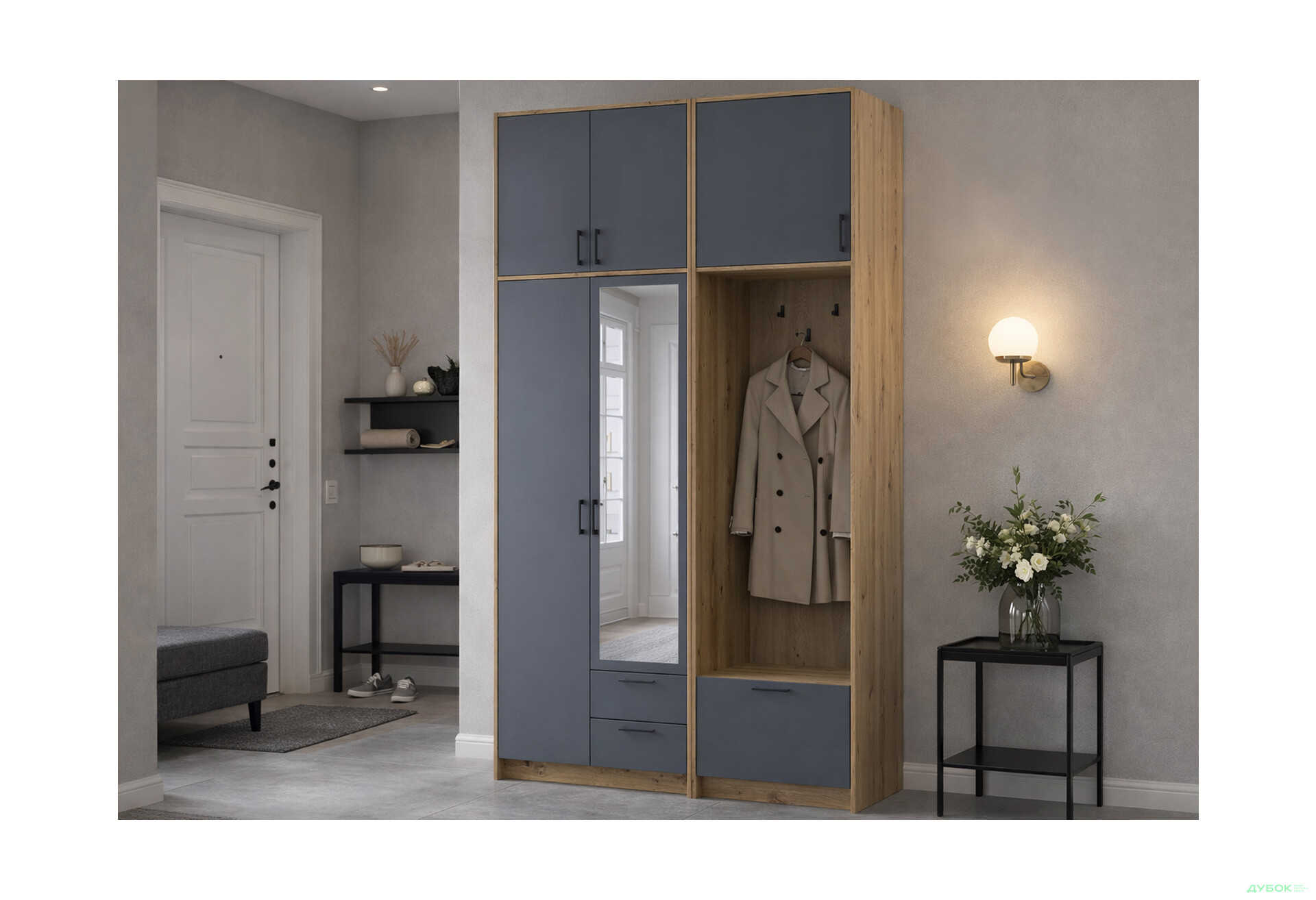 Изображение 2 - Шкаф для одежды 2 ДСП Doros Ронди с вешалкой, зеркалом и высокой антресолью 142 см Дуб Артизан / Графит