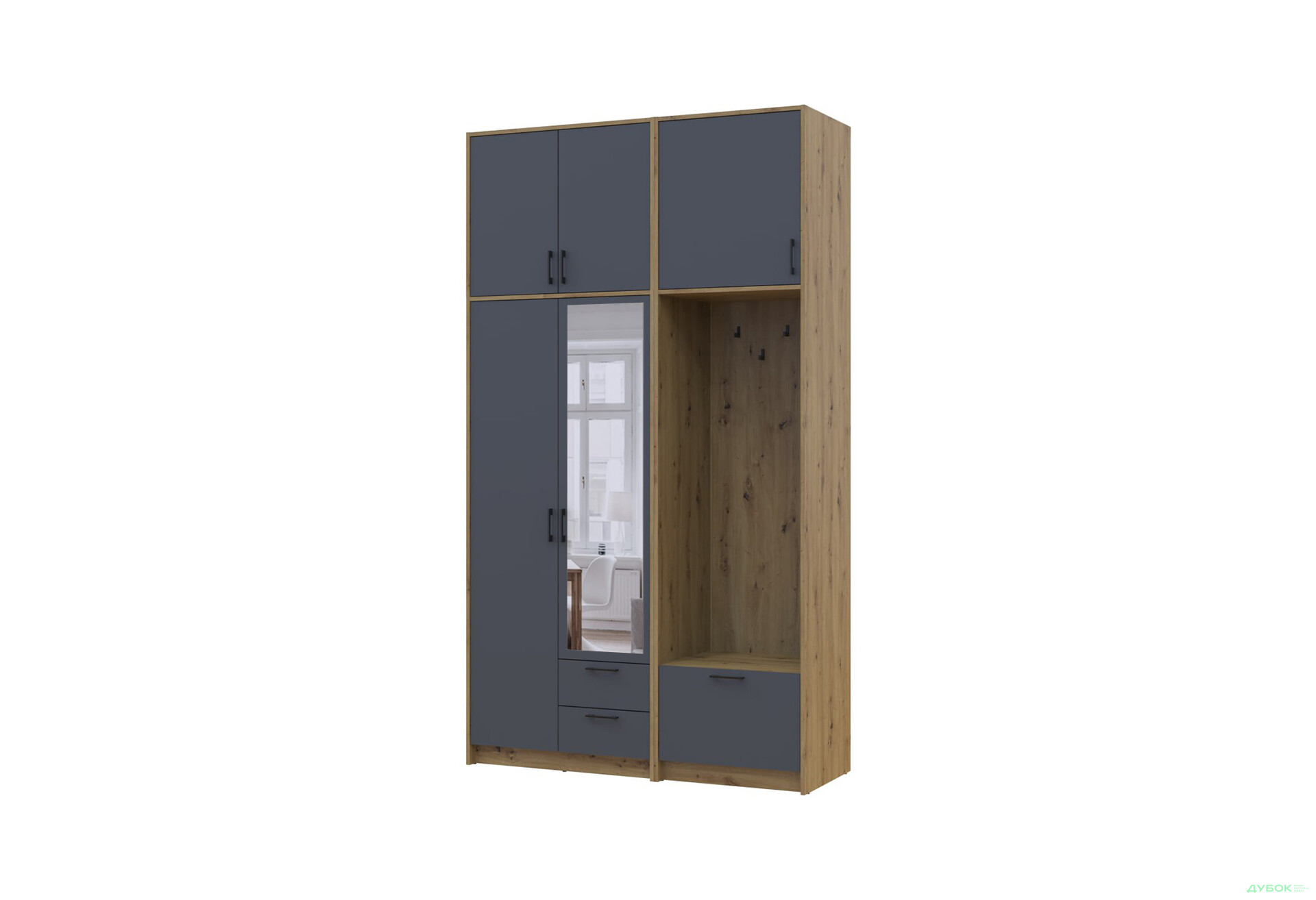 Изображение 1 - Шкаф для одежды 2 ДСП Doros Ронди с вешалкой, зеркалом и высокой антресолью 142 см Дуб Артизан / Графит