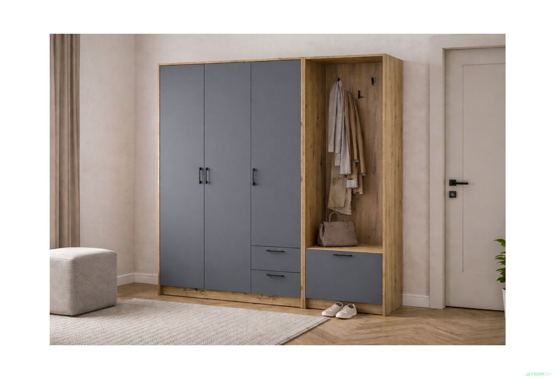 Изображение 2 - Шкаф для одежды 3 ДСП Doros Ронди с вешалкой 181 см Дуб Артизан / Графит
