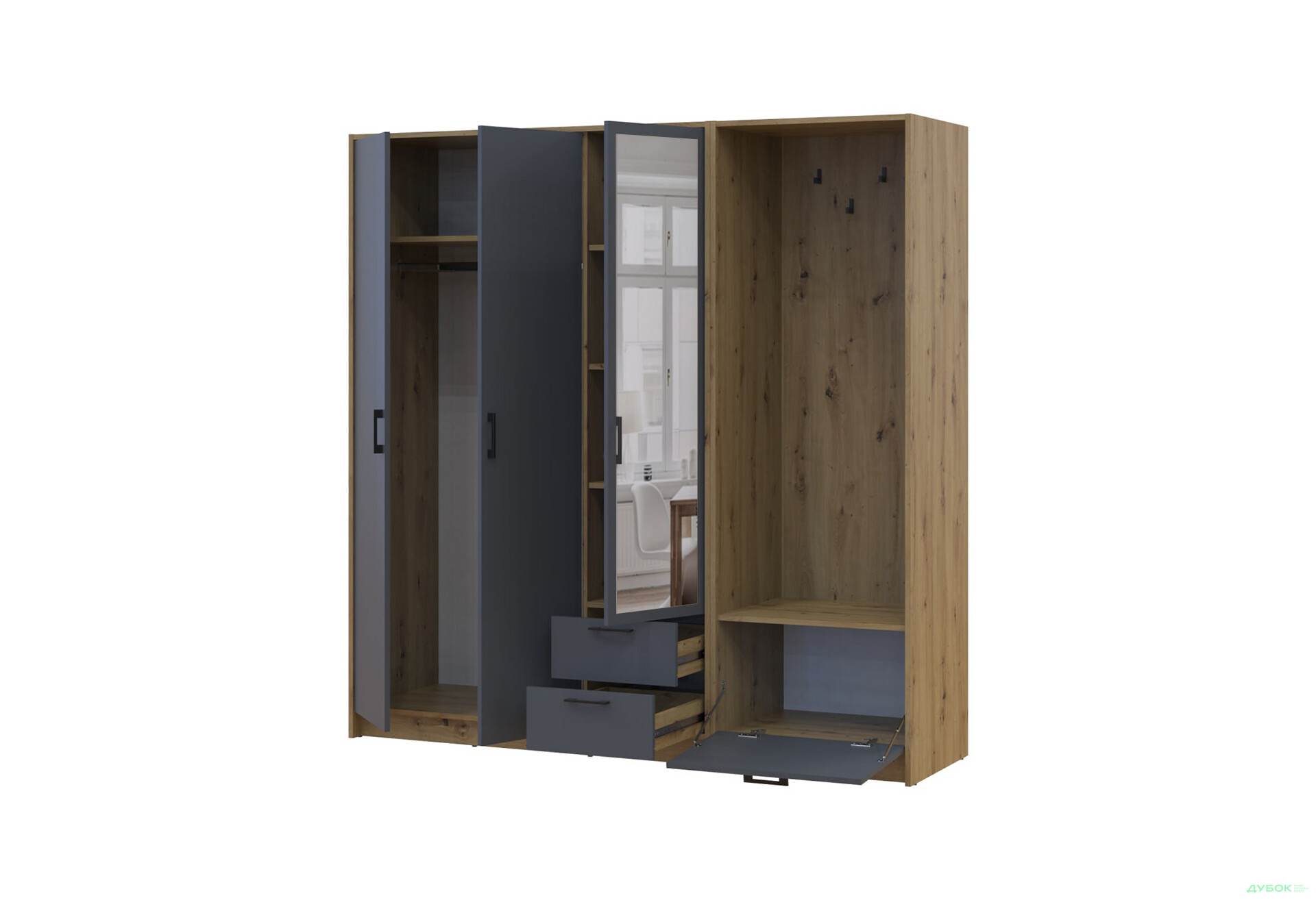 Изображение 3 - Шкаф для одежды 3 ДСП Doros Ронди с вешалкой и зеркалом 181 см Дуб Артизан / Графит