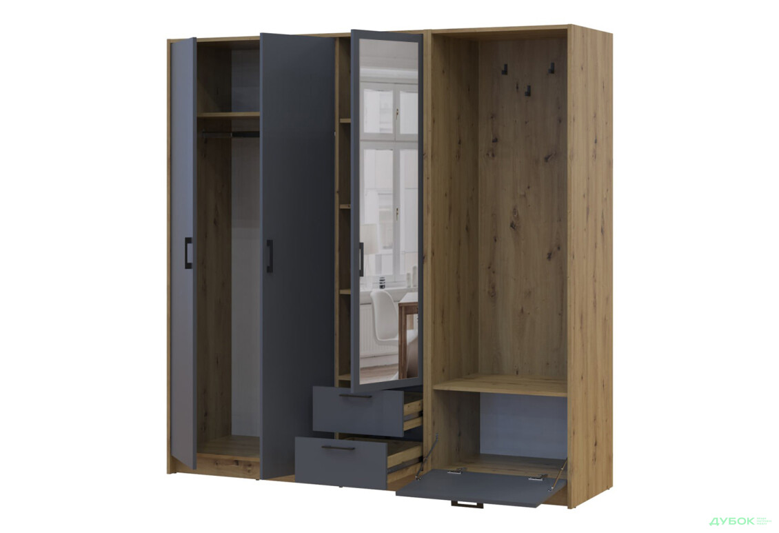 Изображение 3 - Шкаф для одежды 3 ДСП Doros Ронди с вешалкой и зеркалом 181 см Дуб Артизан / Графит