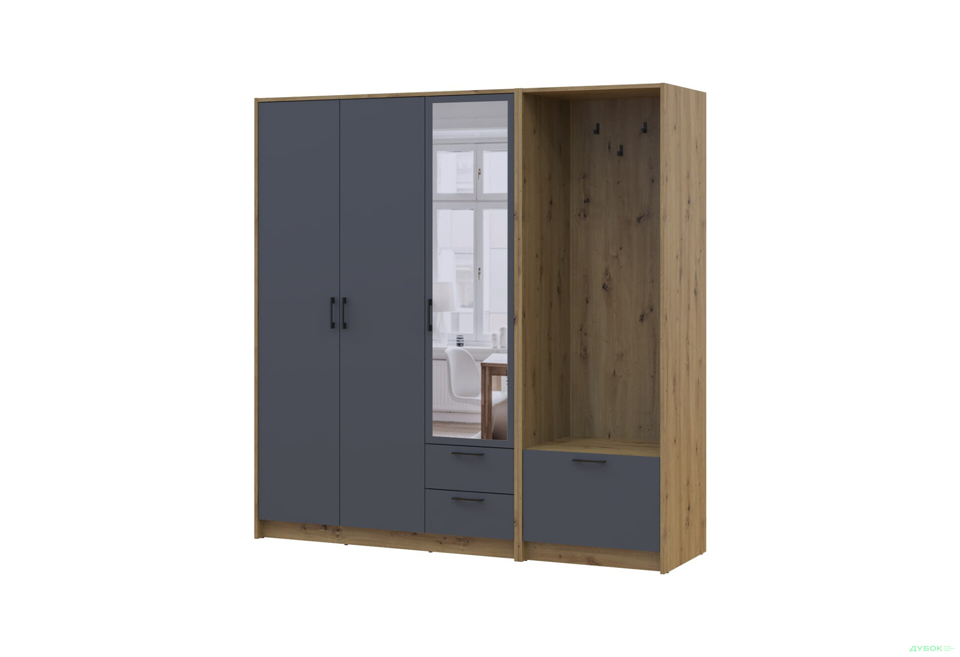 Изображение 1 - Шкаф для одежды 3 ДСП Doros Ронди с вешалкой и зеркалом 181 см Дуб Артизан / Графит