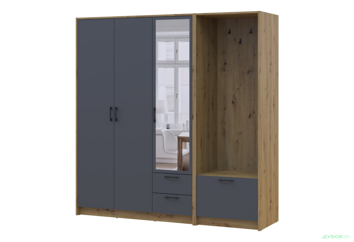 Шкаф для одежды 3 ДСП Doros Ронди с вешалкой и зеркалом 181 см Дуб Артизан / Графит