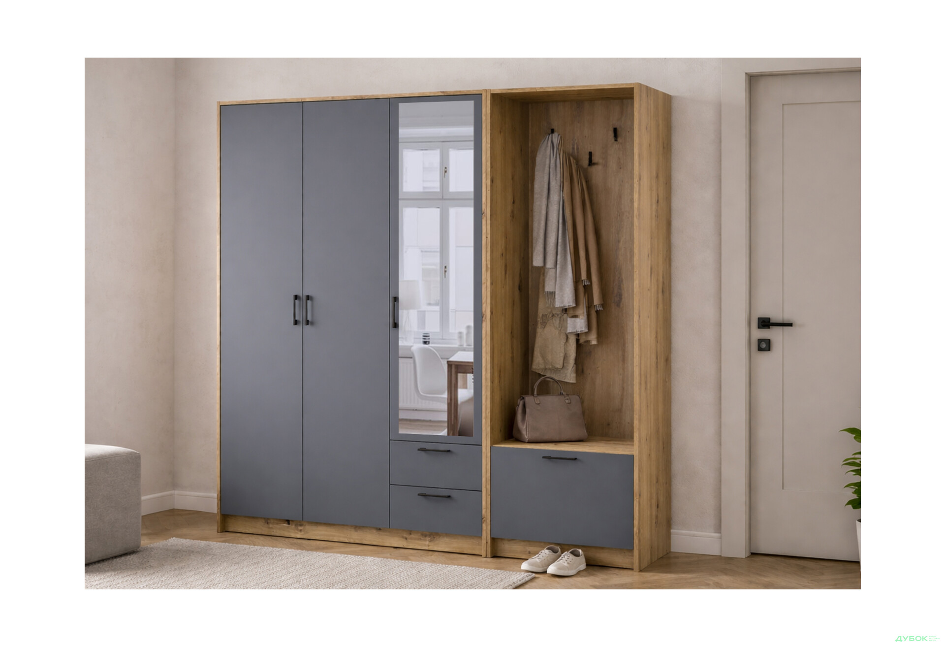 Изображение 2 - Шкаф для одежды 3 ДСП Doros Ронди с вешалкой и зеркалом 181 см Дуб Артизан / Графит