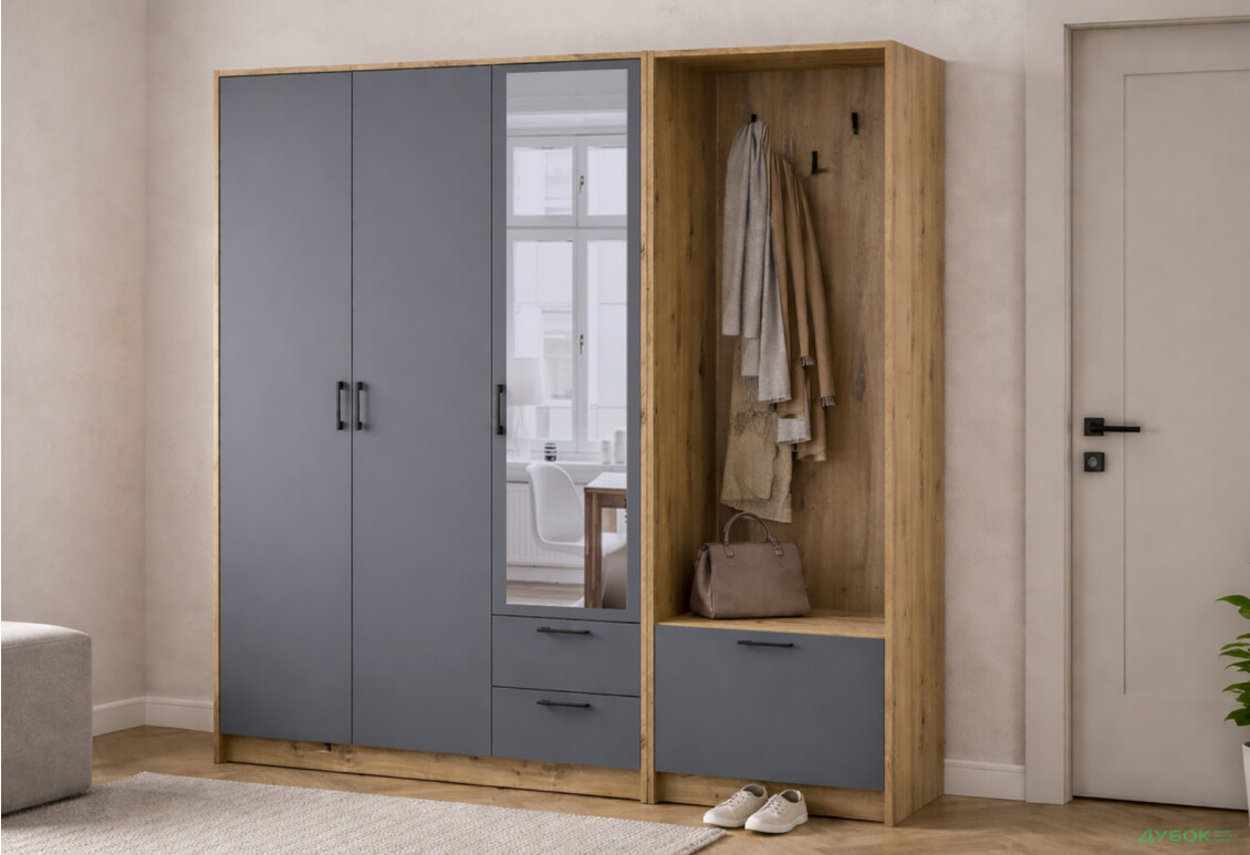 Изображение 2 - Шкаф для одежды 3 ДСП Doros Ронди с вешалкой и зеркалом 181 см Дуб Артизан / Графит