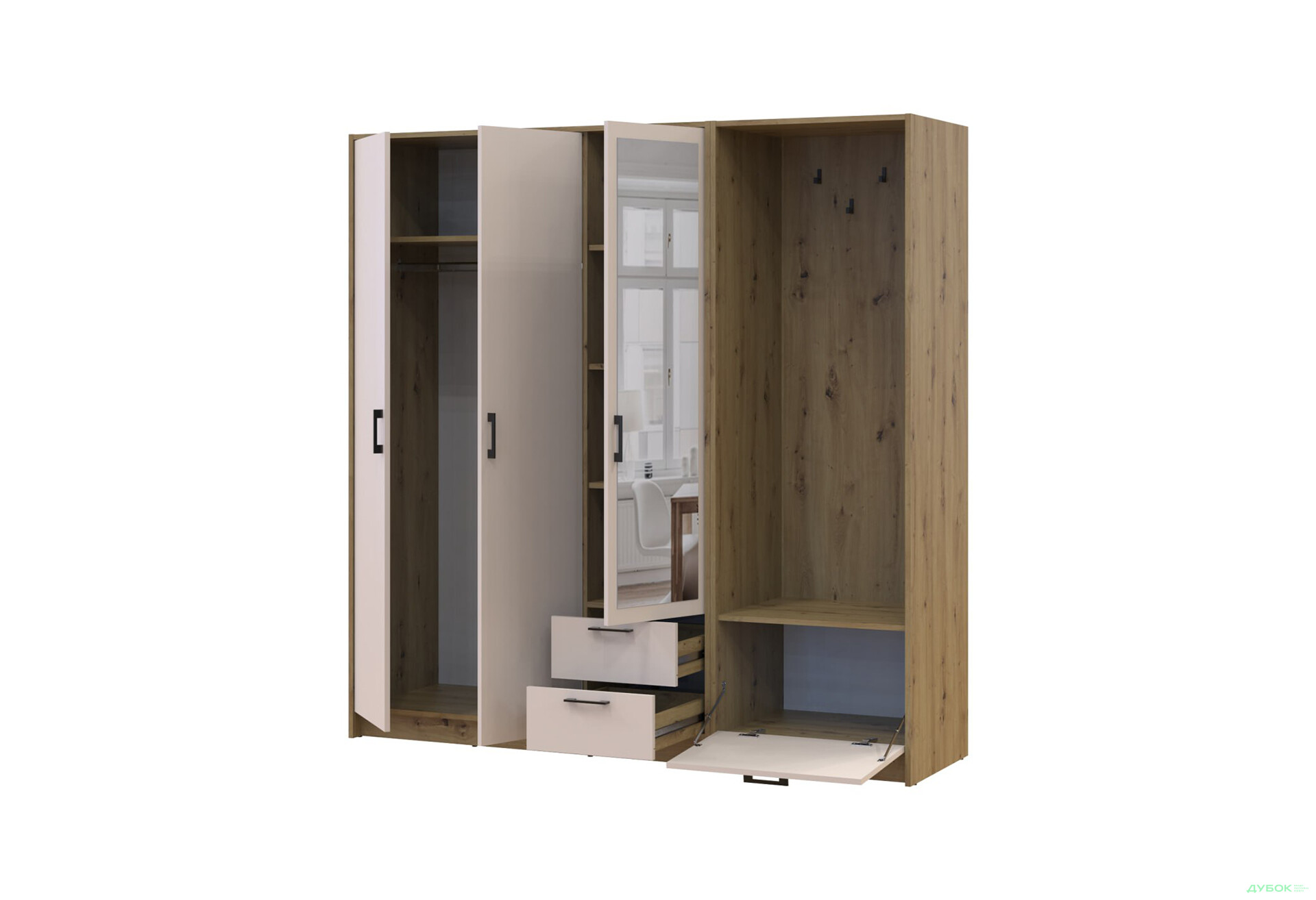 Изображение 3 - Шкаф для одежды 3 ДСП Doros Ронди с вешалкой и зеркалом 181 см Дуб Артизан / Кашемир