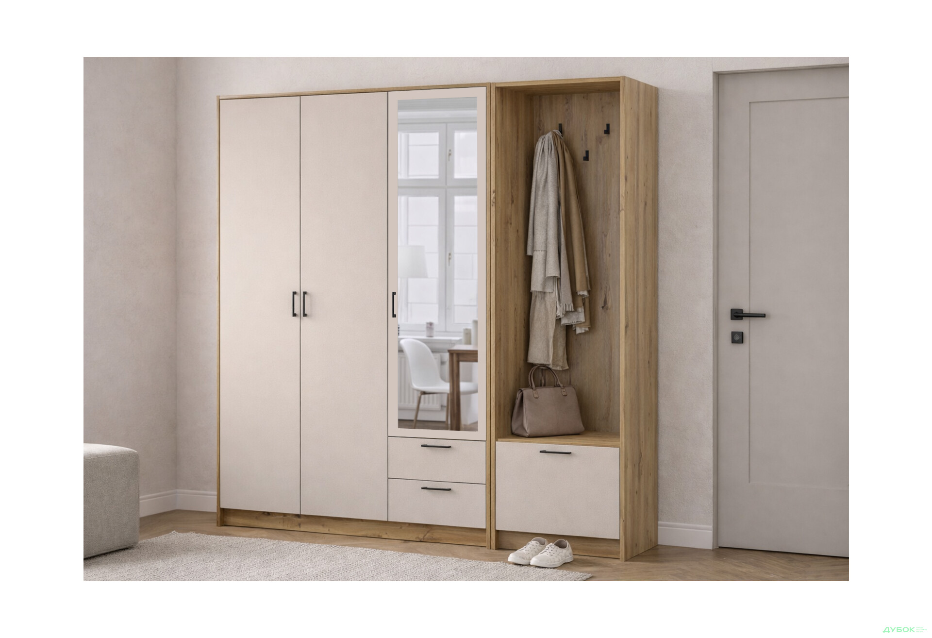 Изображение 2 - Шкаф для одежды 3 ДСП Doros Ронди с вешалкой и зеркалом 181 см Дуб Артизан / Кашемир