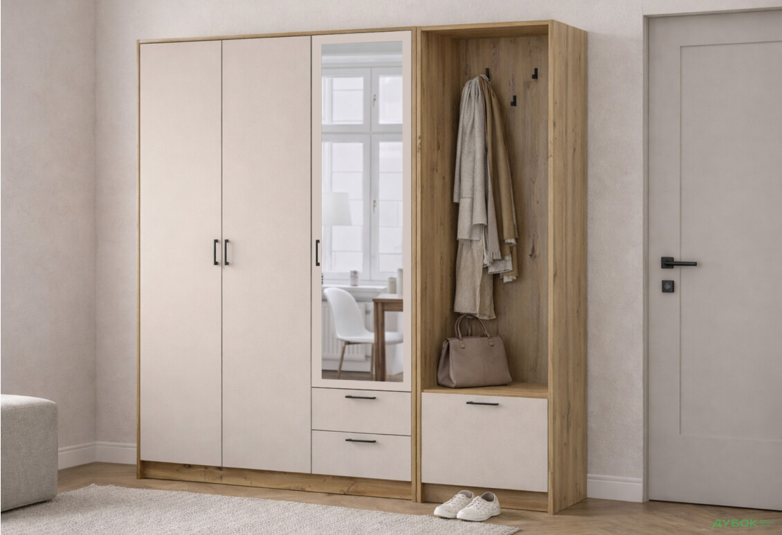 Изображение 2 - Шкаф для одежды 3 ДСП Doros Ронди с вешалкой и зеркалом 181 см Дуб Артизан / Кашемир