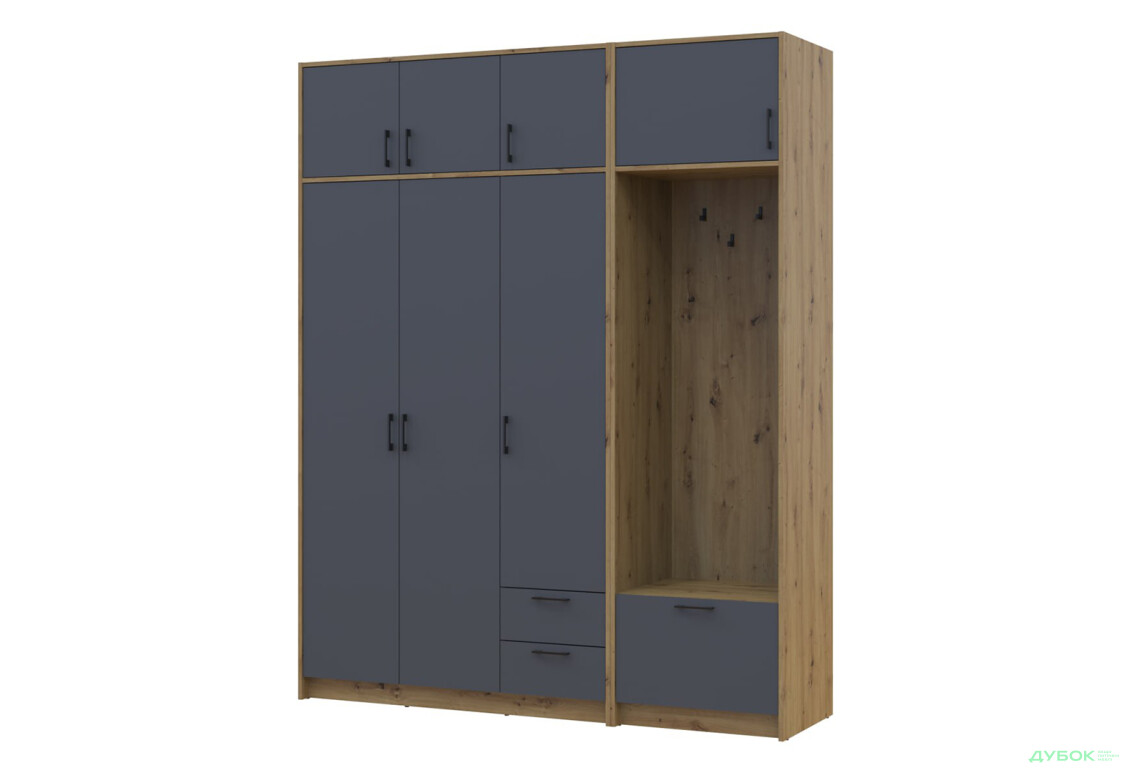 Шкаф для одежды 3 ДСП Doros Ронди с вешалкой и антресолью 181 см Дуб Артизан / Графит